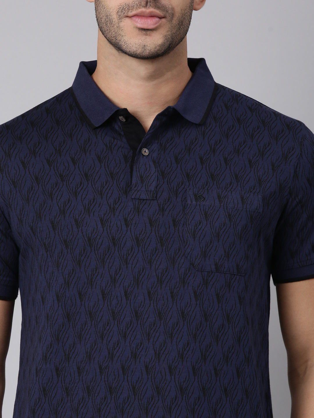 Classic Polo Men's Half Sleeve Navy Blue/Black Polo Neck Slim Fit All-Over Print Cotton T-Shirt | LTS-AOP - 128 A SF P