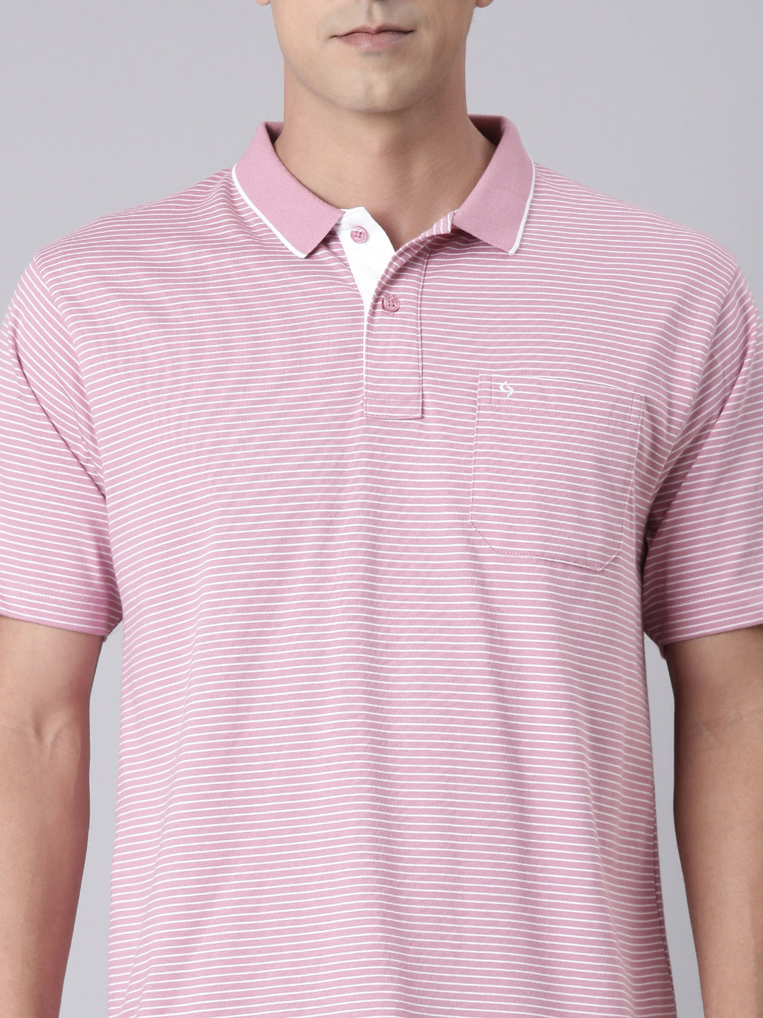 Classic Polo Men's Half Sleeve Pink/White Polo Neck Authentic Fit Striped Cotton T-Shirt | FEEDERS - 291 B AF P