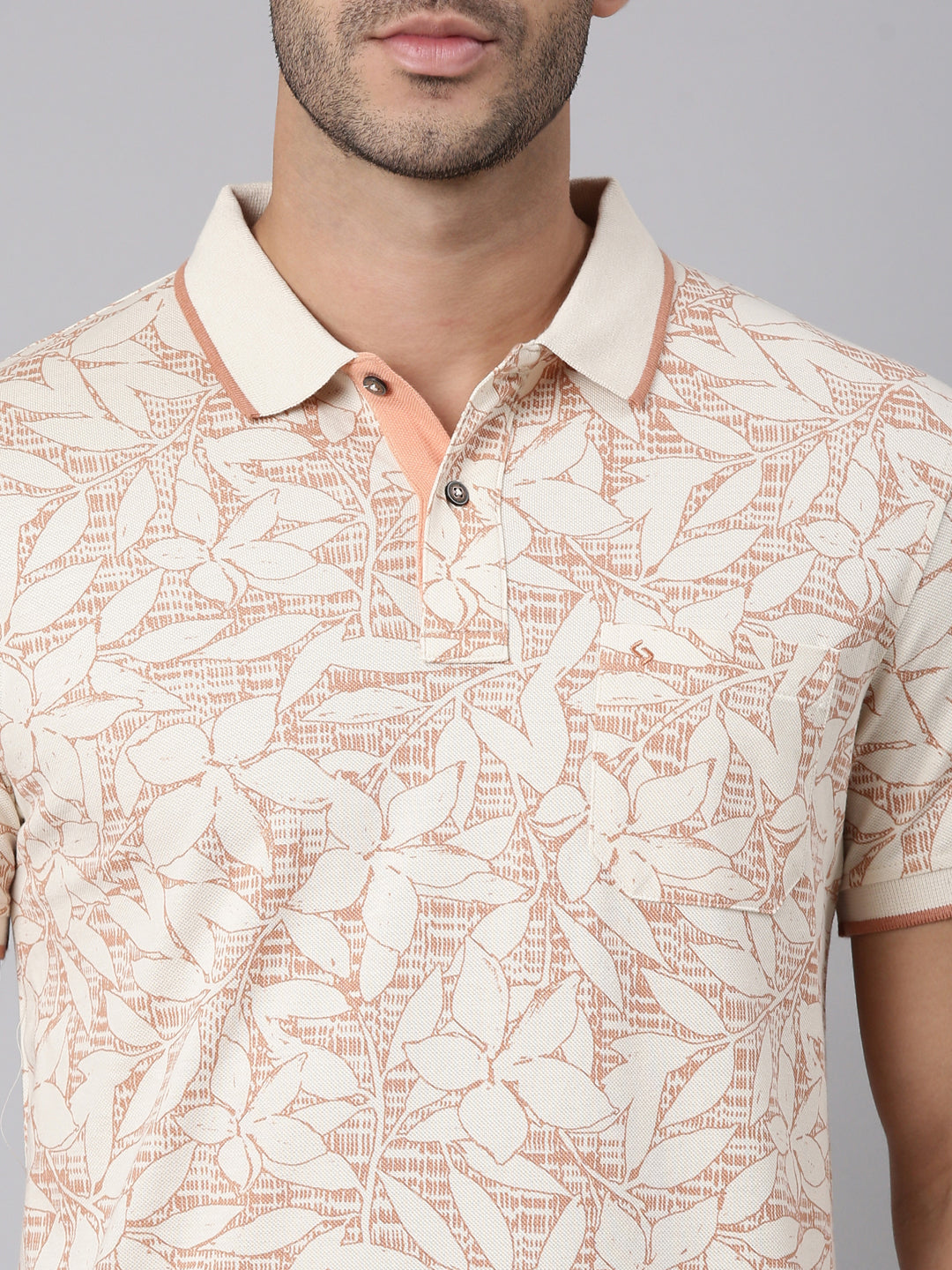 Classic Polo Men's Half Sleeve White/Peach Polo Neck Slim Fit All-Over Print Cotton T-Shirt | BEAU - 311 B SF P