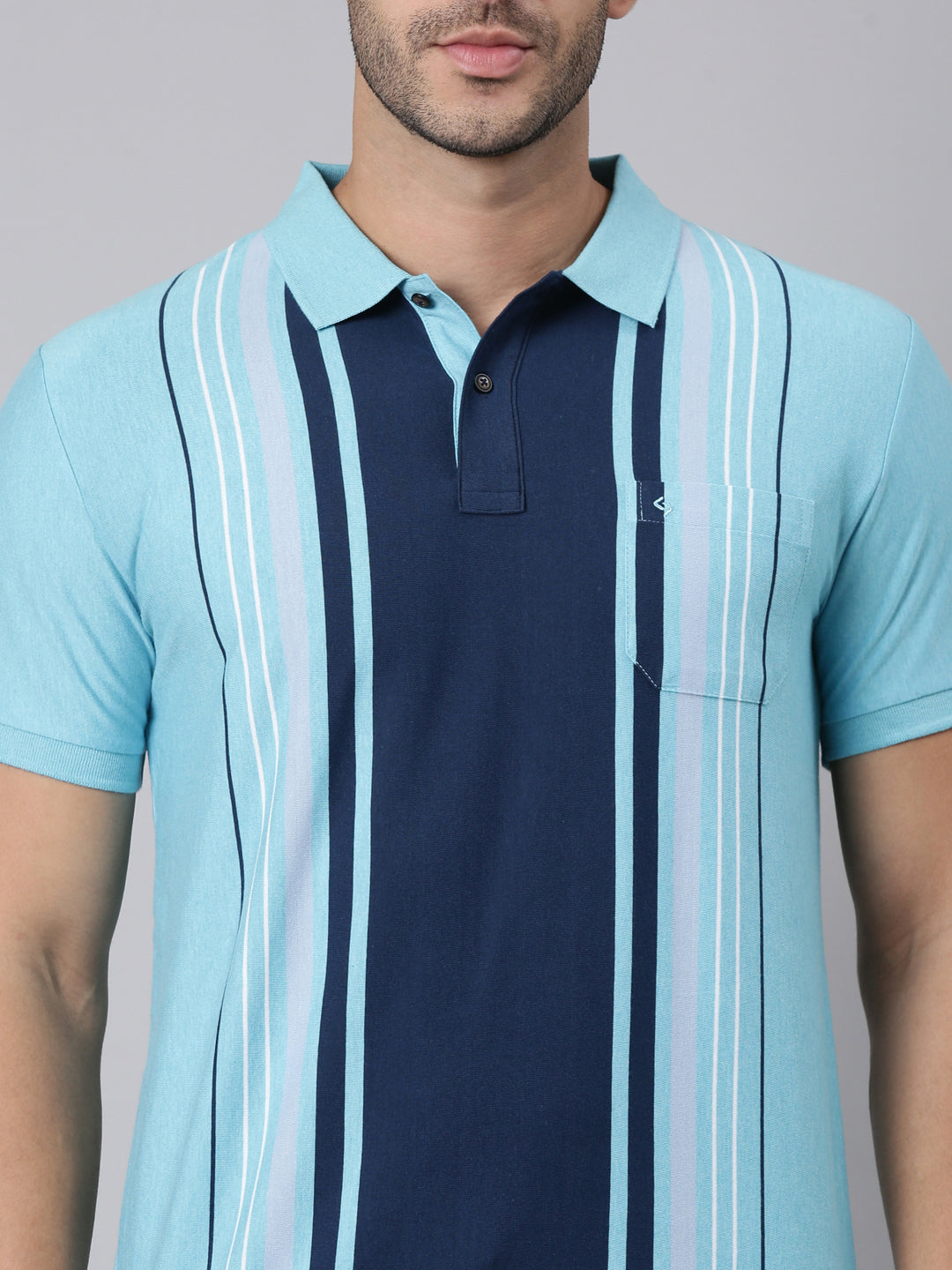 Classic Polo Men's Half Sleeve Turquoise/Navy Blue Polo Neck Slim Fit Striped Cotton Blend T-Shirt | VERTICS - 124 B SF P