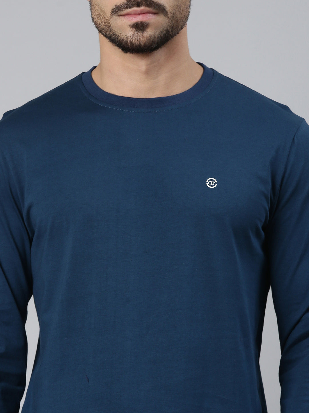 Classic Polo Men's Full Sleeve Teal Blue Crew Neck Slim Fit Solid Cotton T-Shirt | LTS-FSH - 108 A SF C - FS