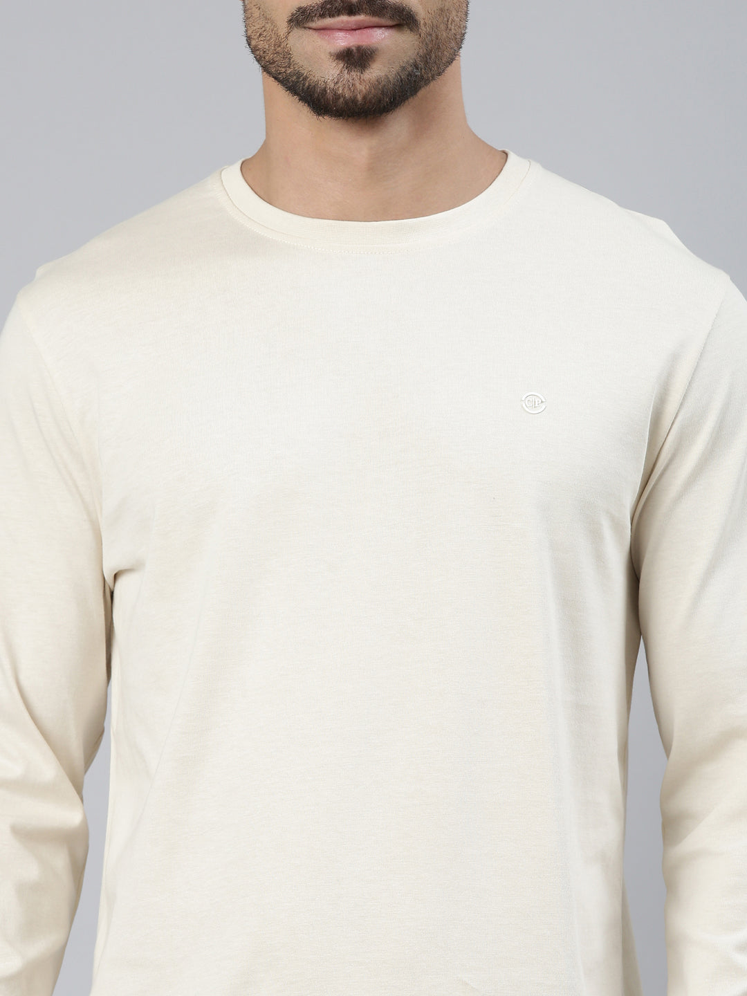 Classic Polo Men's Full Sleeve Cream Crew Neck Slim Fit Solid Cotton T-Shirt | LTS-FSH - 108 C SF C - FS