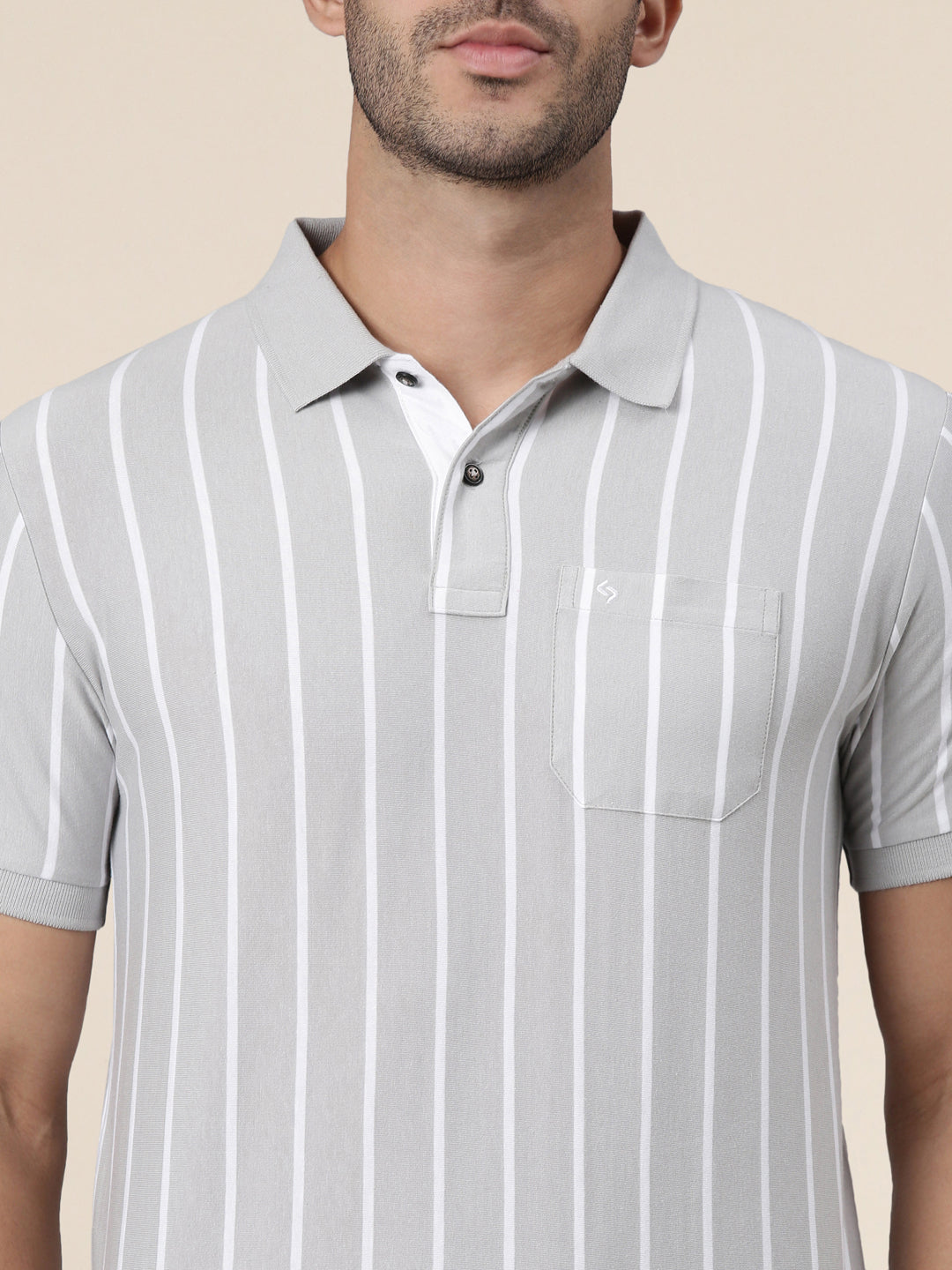 Classic Polo Men's Half Sleeve Grey/White Polo Neck Slim Fit Striped Cotton Blend T-Shirt | VERTICS - 122 B SF P