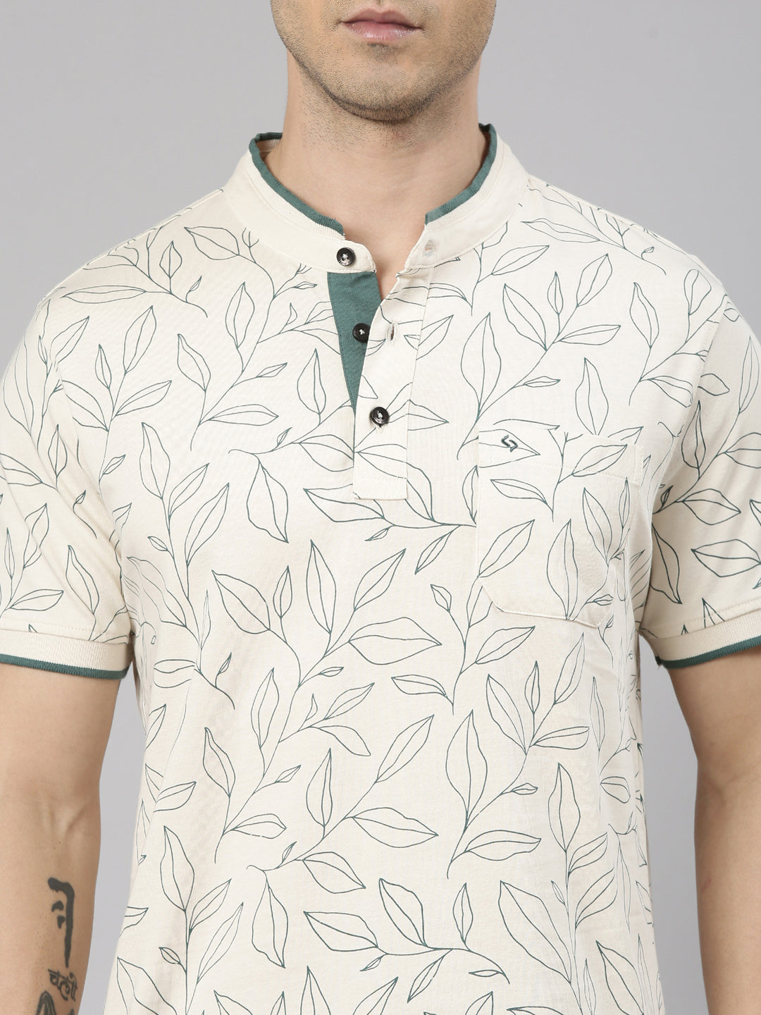 Classic Polo Men's Half Sleeve Beige Mandarin Collar Slim Fit All-Over Print Cotton T-Shirt | BELLO - 367 A SF P