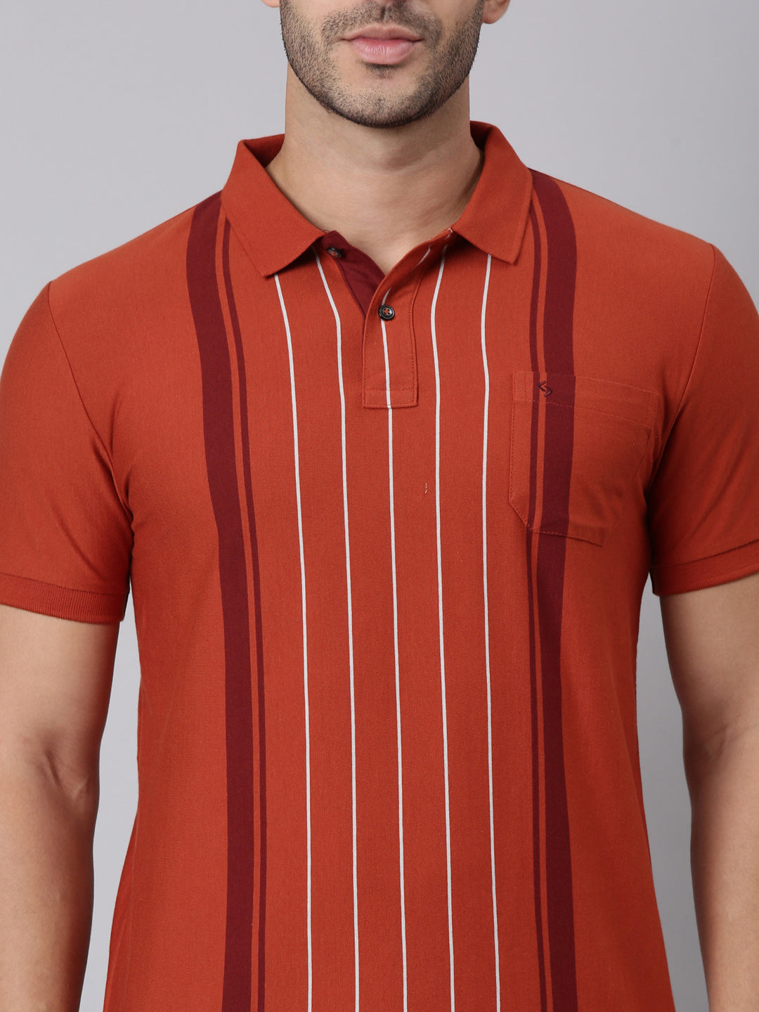 Classic Polo Men's Half Sleeve Rust Polo Neck Slim Fit Striped Cotton Blend T-Shirt | VERTICS - 125 A SF P