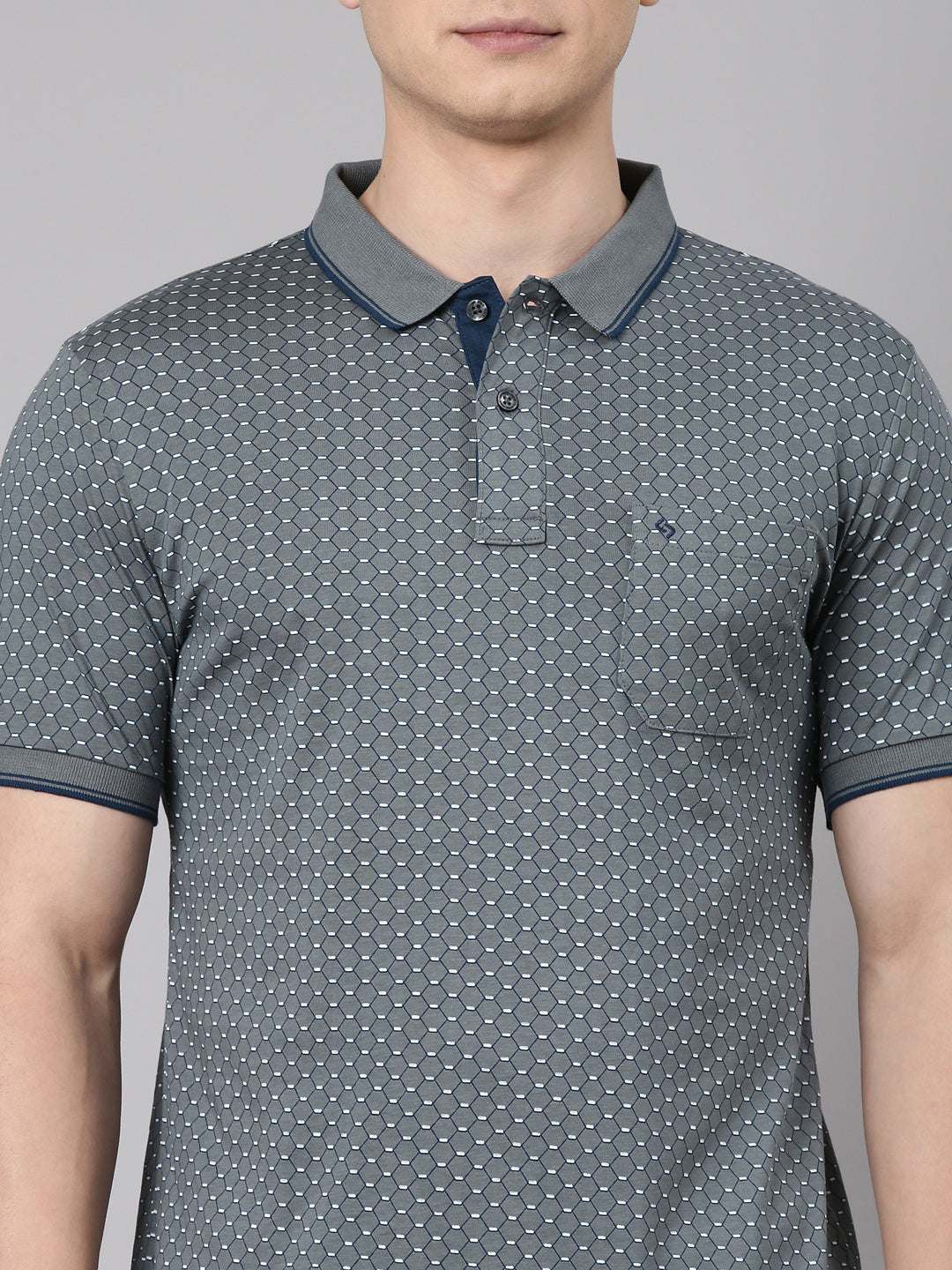 Classic Polo Men's Half Sleeve Steel Grey/Navy Polo Neck Slim Fit All Over Print Cotton T-Shirt | BELLO - 346 B SF P