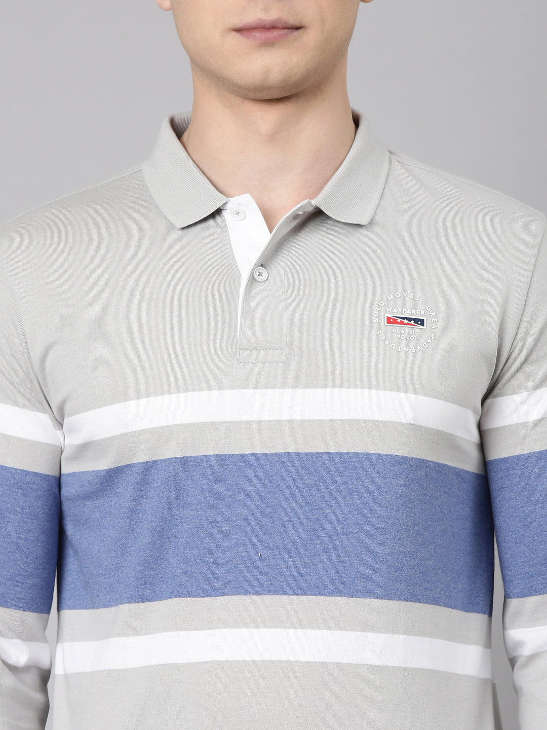 Classic Polo Men's Full Sleeve Grey/Blue Polo Neck Slim Fit Colorblock Cotton T-Shirt | VERNO - 367 A SF P