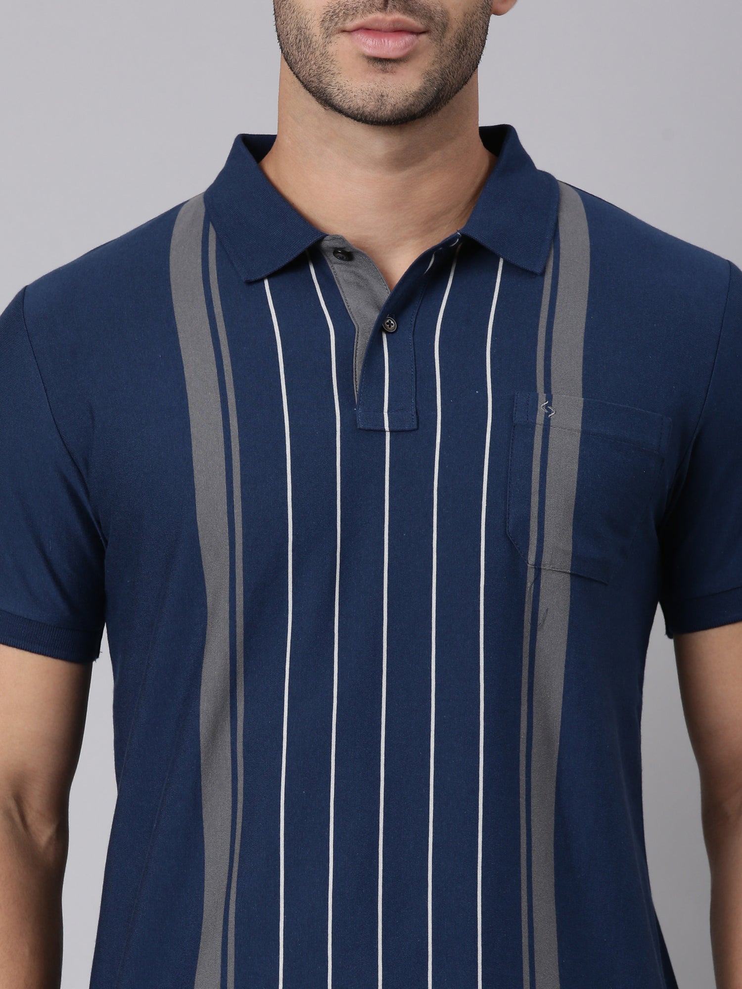 Classic Polo Men's Half Sleeve Navy Blue Polo Neck Slim Fit Striped Cotton Blend T-Shirt | VERTICS - 125 B SF P