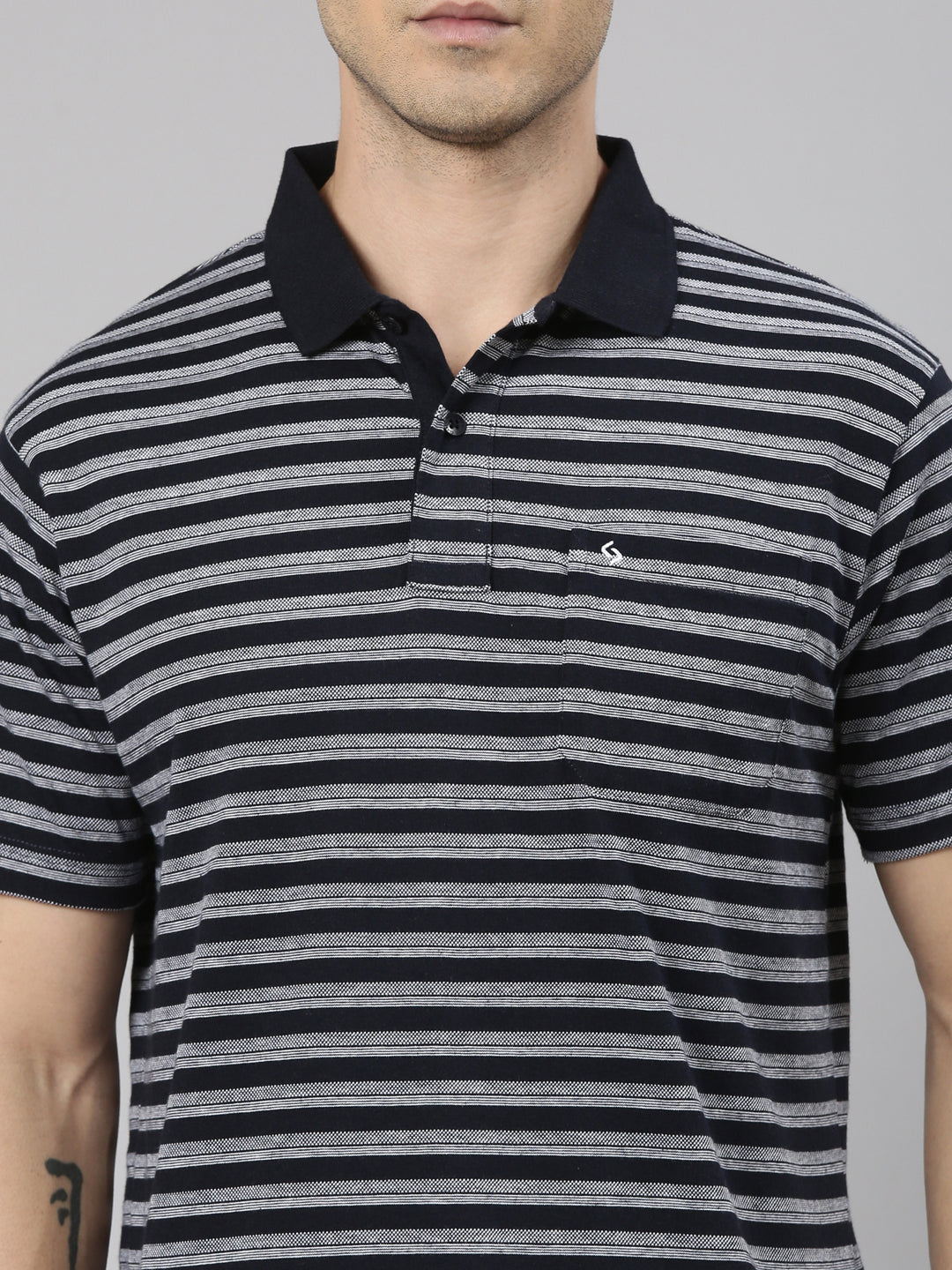 Classic Polo Men's Half Sleeve Black/White Polo Neck Authentic Fit Striped Cotton T-Shirt | LTS-STR - 82 A AF P