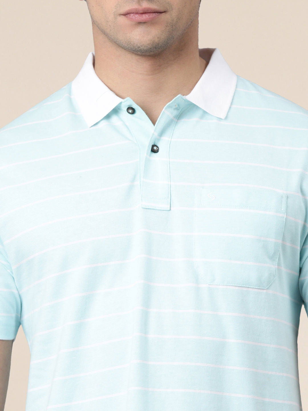 Classic Polo Men's Half Sleeve Light Blue/White Polo Neck Authentic Fit Striped Cotton Blend T-Shirt | AVON - 662 A AF P
