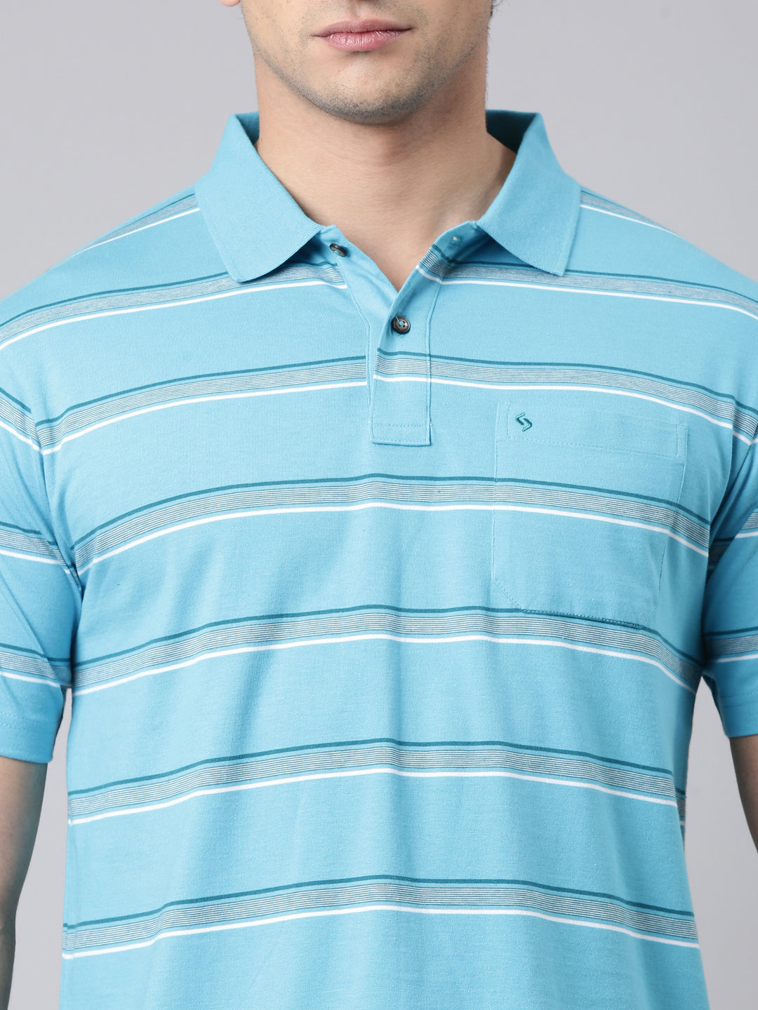 Classic Polo Men's Half Sleeve Blue/White Polo Neck Authentic Fit Striped Cotton Blend T-Shirt | AVON - 647 B AF P