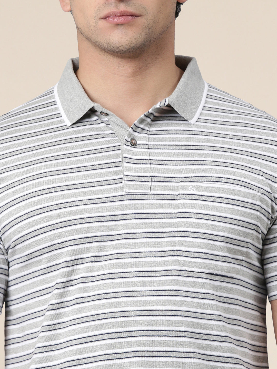Classic Polo Men's Half Sleeve Grey/White Polo Neck Authentic Fit Striped Cotton Blend T-Shirt | FEEDERS - 312 B AF P