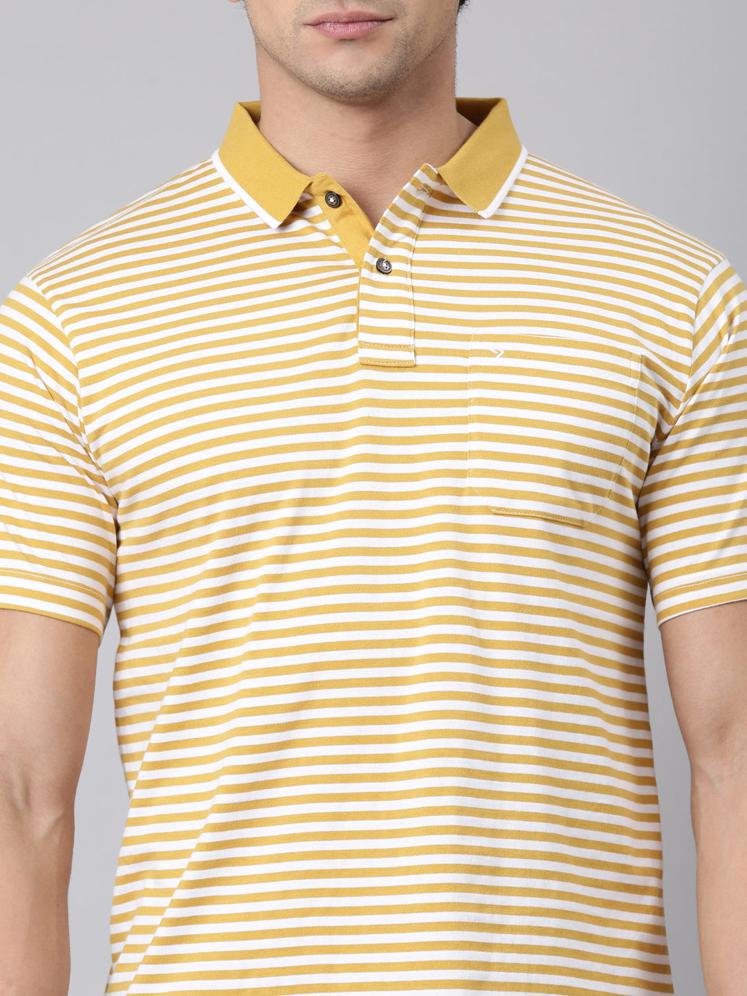 Classic Polo Men's Half Sleeve Yellow/White Polo Neck Authentic Fit Striped Cotton Blend T-Shirt | FEEDERS - 304 B AF P