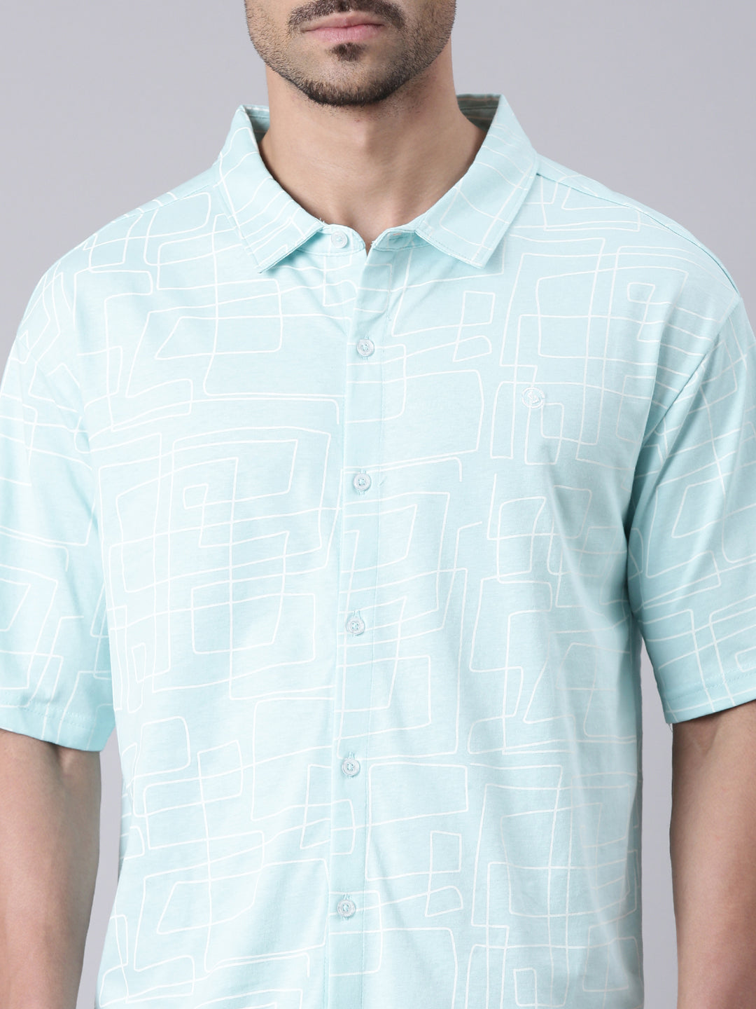 Classic Polo Men's Half Sleeve Lt.Blue/White Polo Neck All Over Print Cotton Drop Shoulder Knitted Shirt | GEN-X-KSH 14 A SH HS