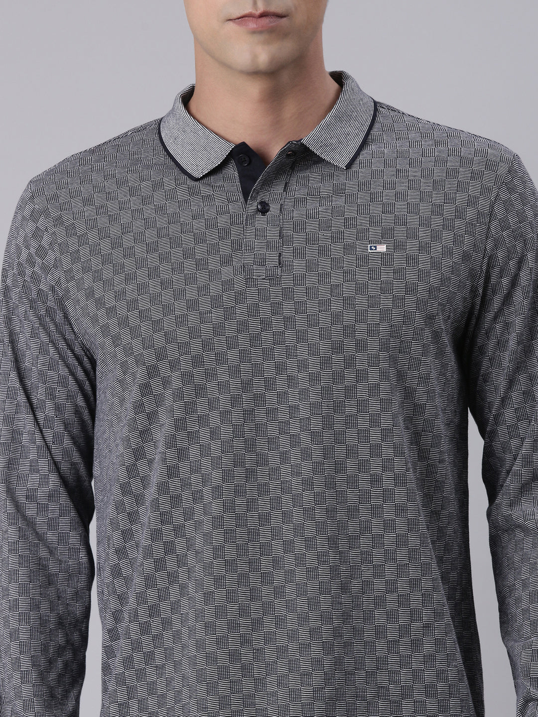 Classic Polo Men's Full Sleeve Navy Blue/White Polo Neck Slim Fit All-Over Print Cotton T-Shirt | LTS-FSH - 127 B SF P