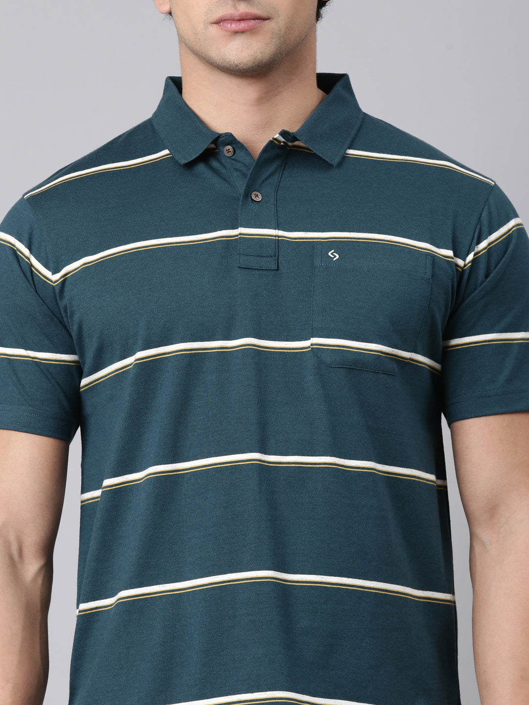 Classic Polo Men's Half Sleeve Dark Green Polo Neck Authentic Fit Striped Cotton Blend T-Shirt | AVON - 669 B AF P