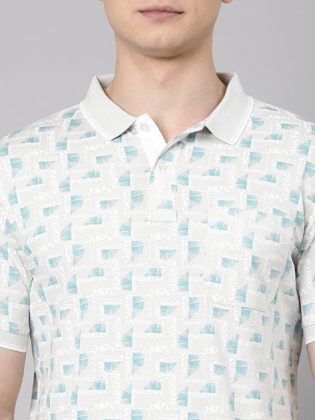 Classic Polo Men's Half Sleeve Lt.Grey/Blue Polo Neck Slim Fit All Over Print Cotton T-Shirt | BELLO - 345 A SF P