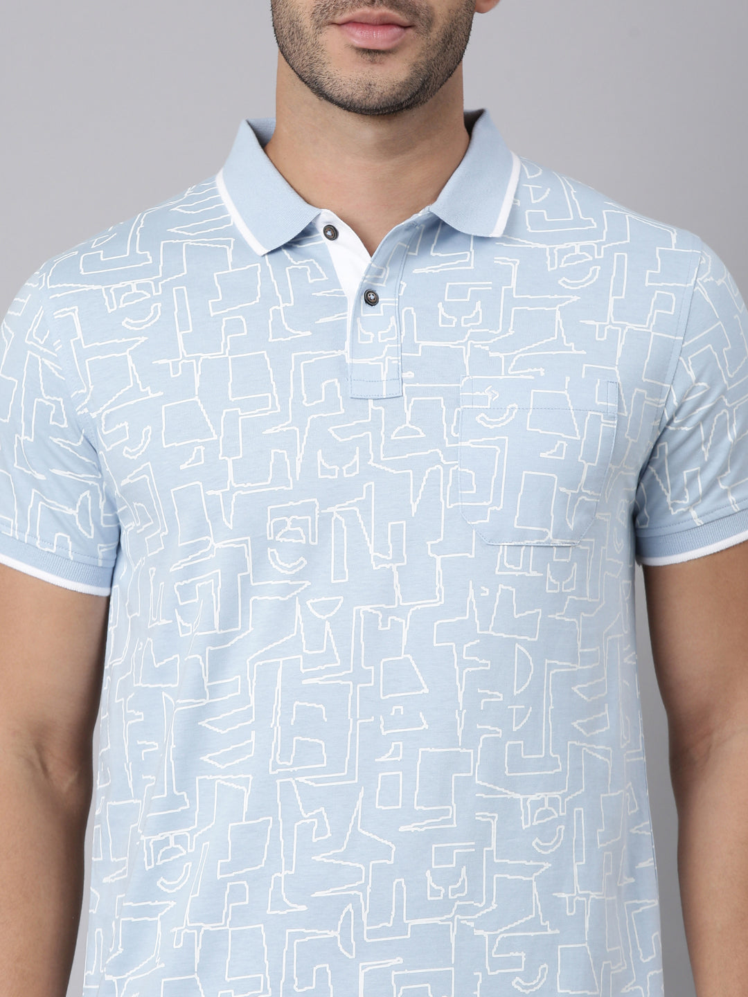 Classic Polo Men's Half Sleeve Blue Polo Neck Slim Fit All-Over Print Cotton T-Shirt | BELLO - 385 B SF P