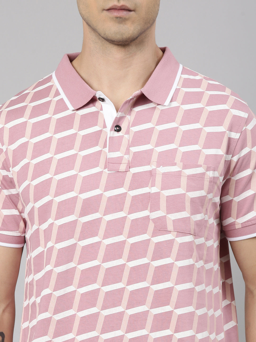 Classic Polo Men's Half Sleeve Pink/White Polo Neck Slim Fit All-Over Print Cotton T-Shirt | BELLO - 372 A SF P