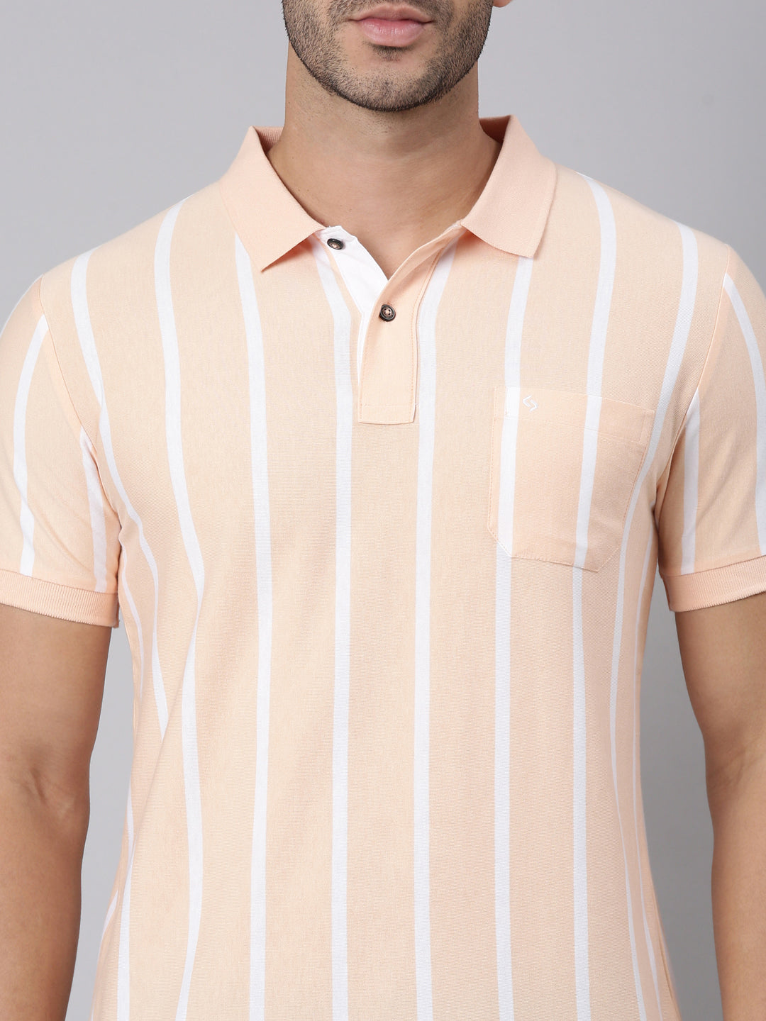 Classic Polo Men's Half Sleeve Light Orange/White Polo Neck Slim Fit Striped Cotton Blend T-Shirt | VERTICS - 121 B SF P