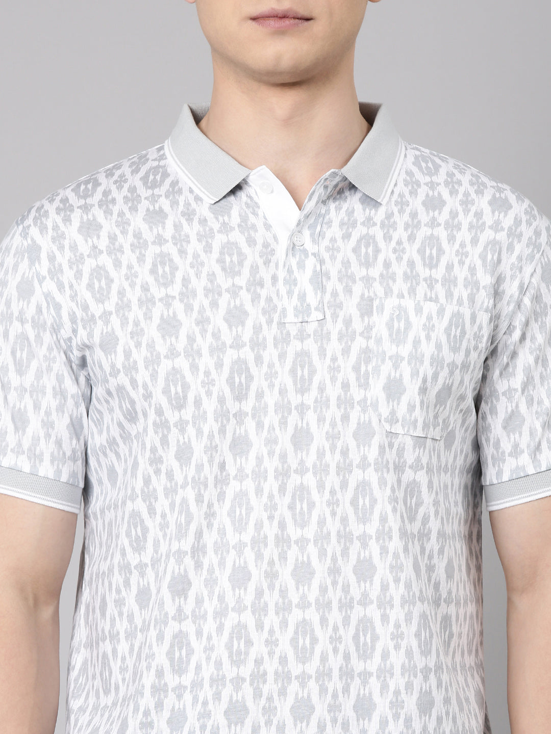 Classic Polo Men's Half Sleeve Grey/White Polo Neck Slim Fit All Over Print Cotton T-Shirt | LTS-AOP - 101 A SF P