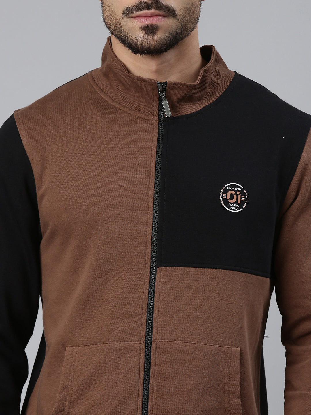 Classic Polo Men's Brown/Black High Neck Front Open Zipper Colorblock Kangaroo Pocket Sweatshirt | LSWT - 03 B