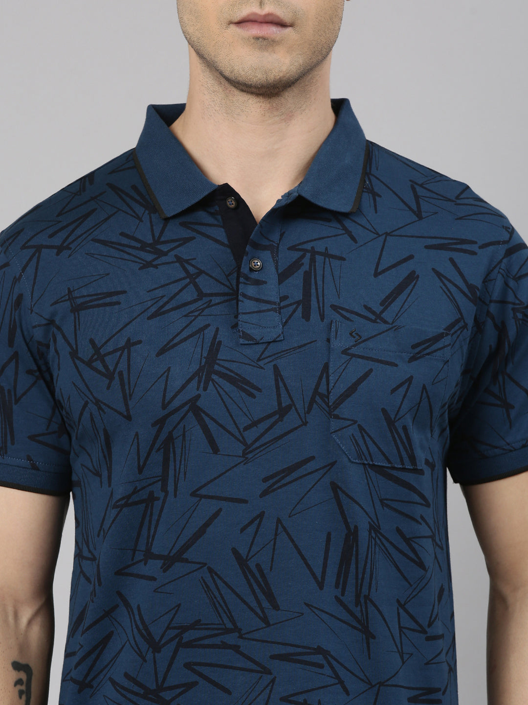 Classic Polo Men's Half Sleeve Blue/Black Polo Neck Slim Fit All-Over Print Cotton T-Shirt | BELLO - 371 B SF P