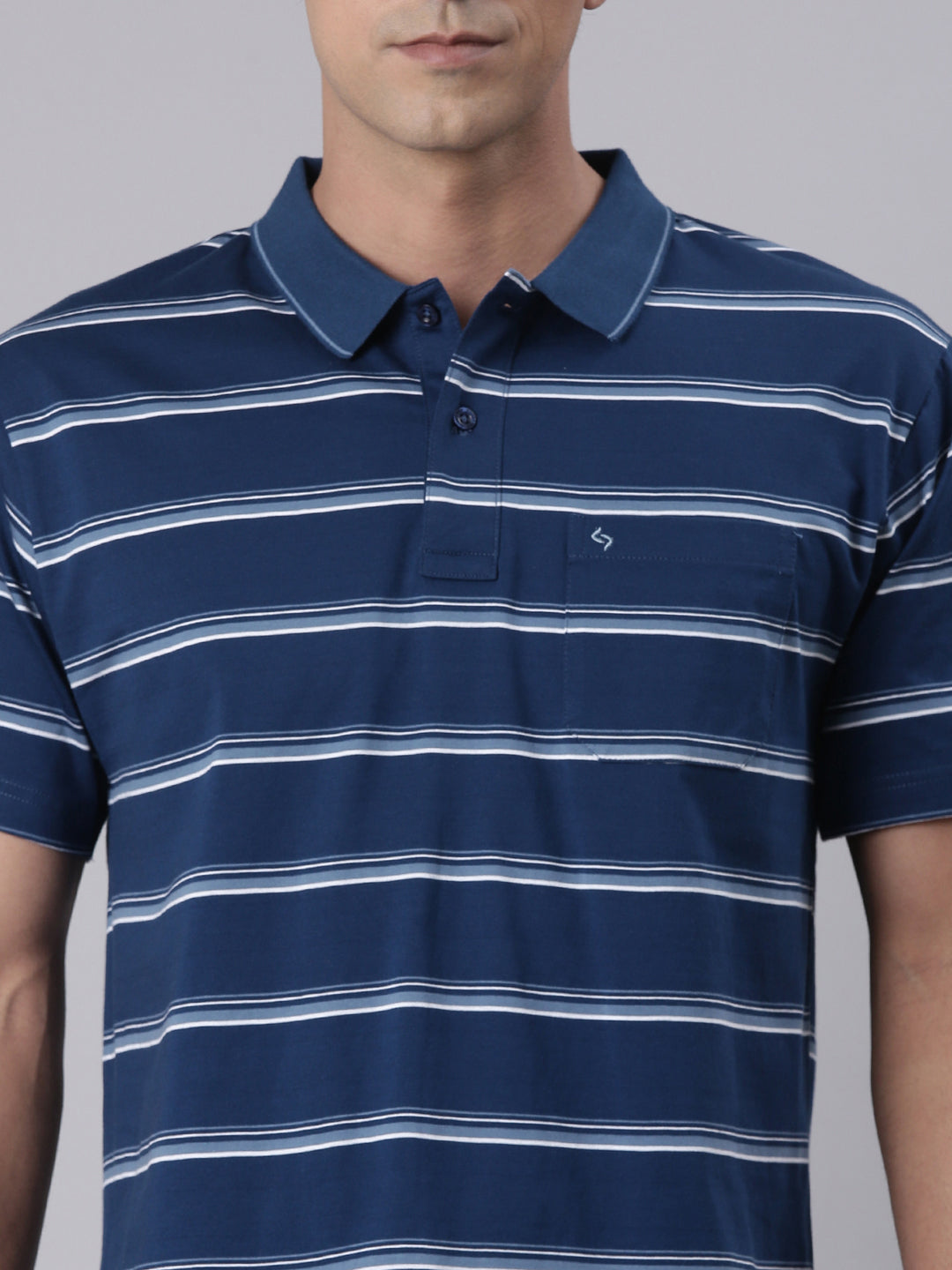 Classic Polo Men's Half Sleeve Navy/White Polo Neck Authentic Fit Striped Cotton T-Shirt | AP - 144 B AF P