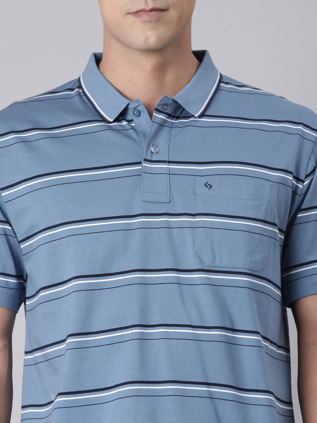 Classic Polo Men's Half Sleeve Blue Polo Neck Authentic Fit Striped Cotton T-Shirt | AP - 141 B AF P