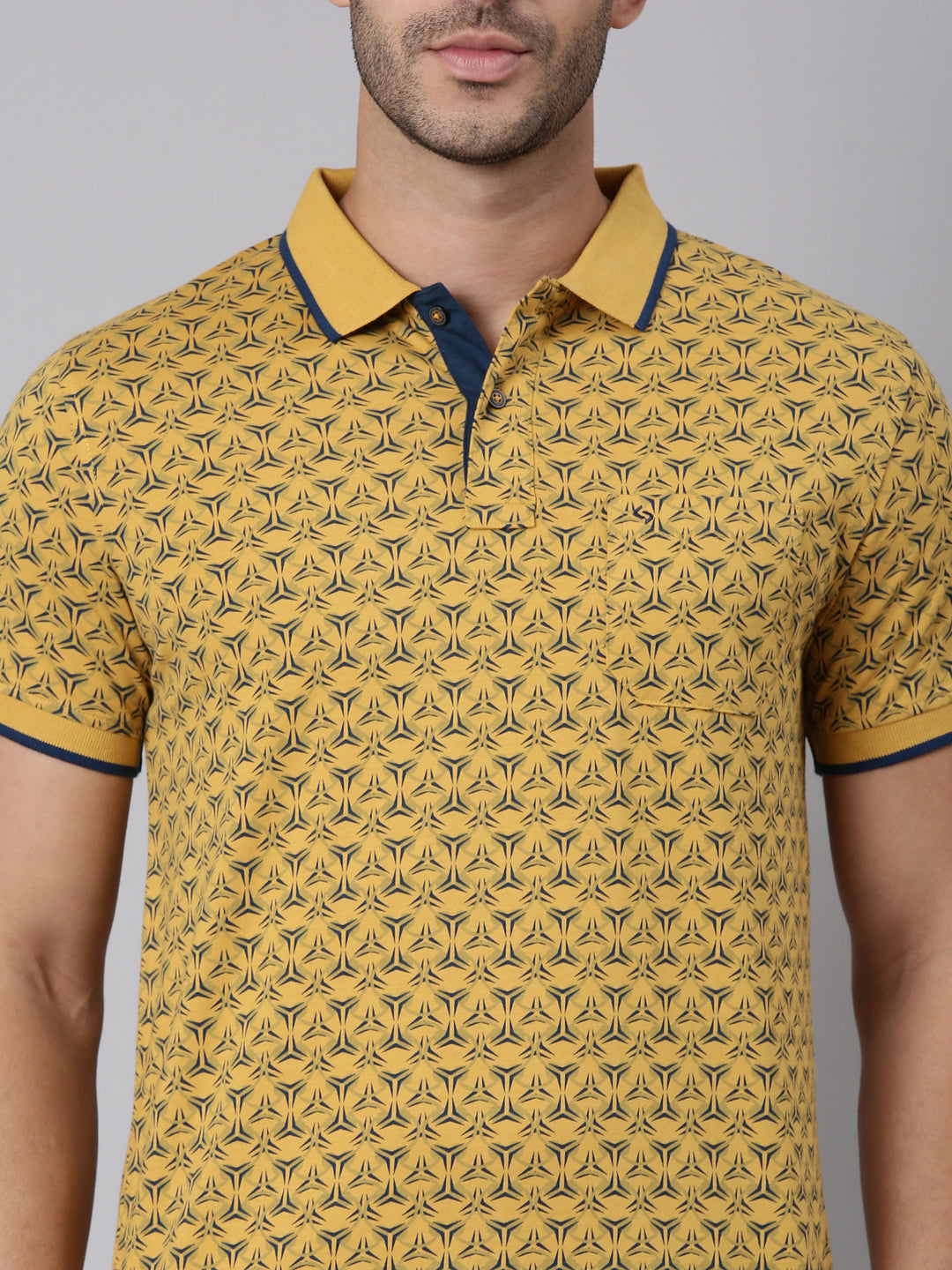 Classic Polo Men's Half Sleeve Yellow/Blue Polo Neck Slim Fit All-Over Print Cotton T-Shirt | BELLO - 394 A SF P