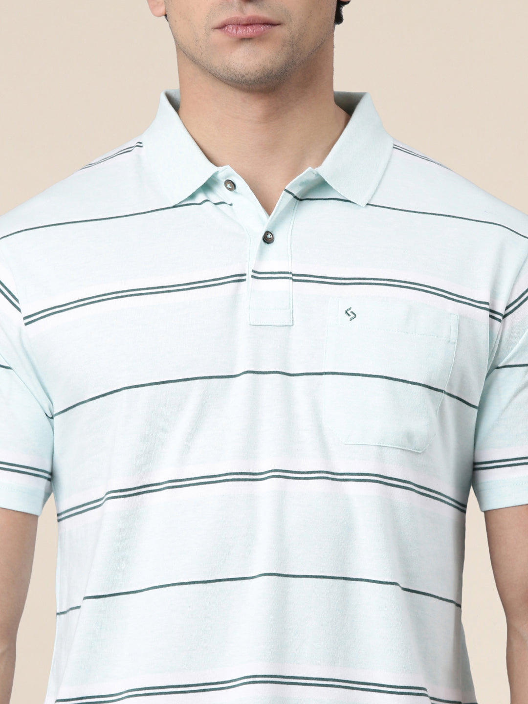 Classic Polo Men's Half Sleeve Light Blue Polo Neck Authentic Fit Striped Cotton Blend T-Shirt | AVON - 659 B AF P
