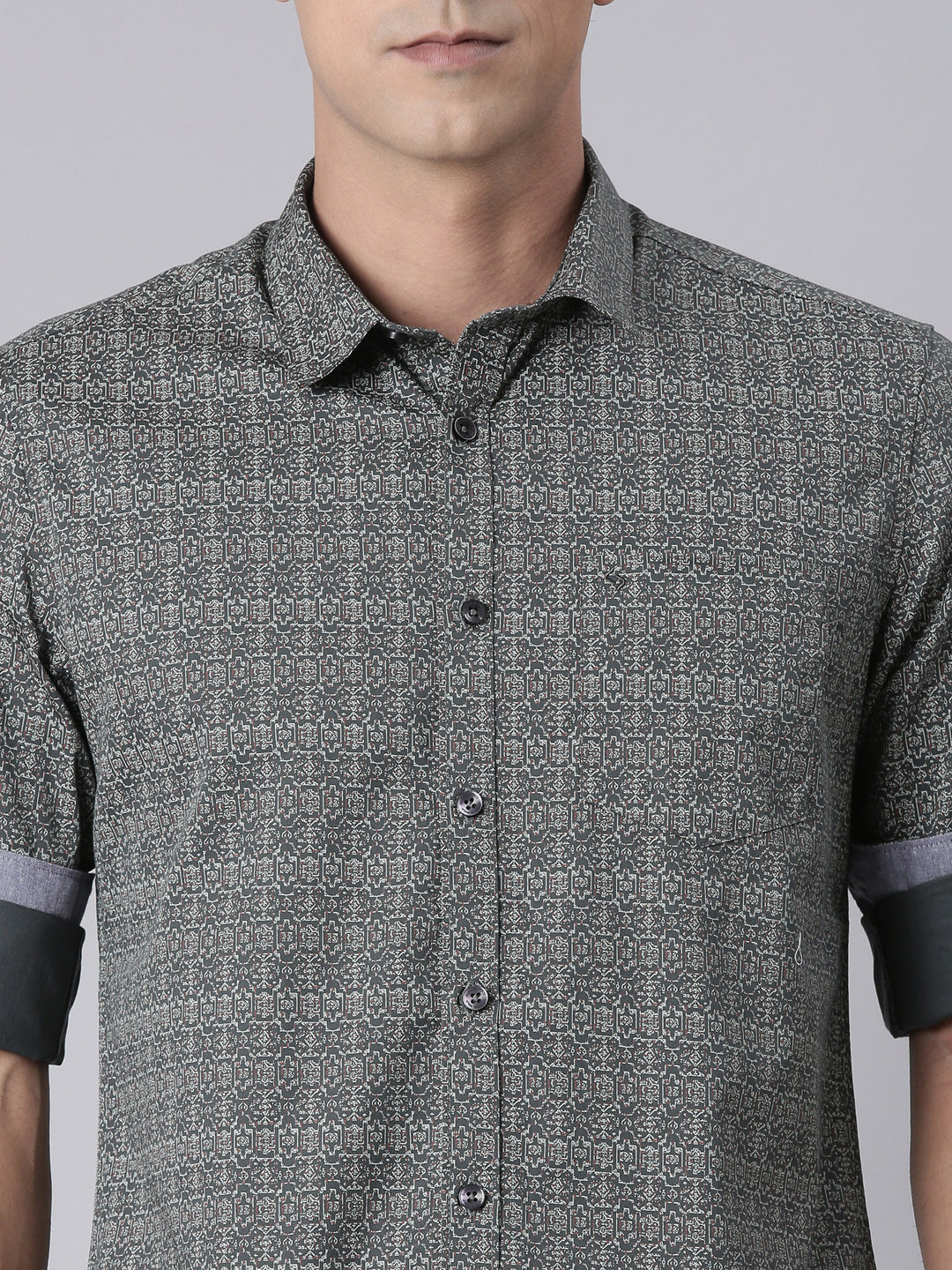 Classic Polo Men's Dark Grey/White Polo Neck Printed Cotton Slim Fit Woven Shirt | LSHQ2-86 B-FS-PRT-SF