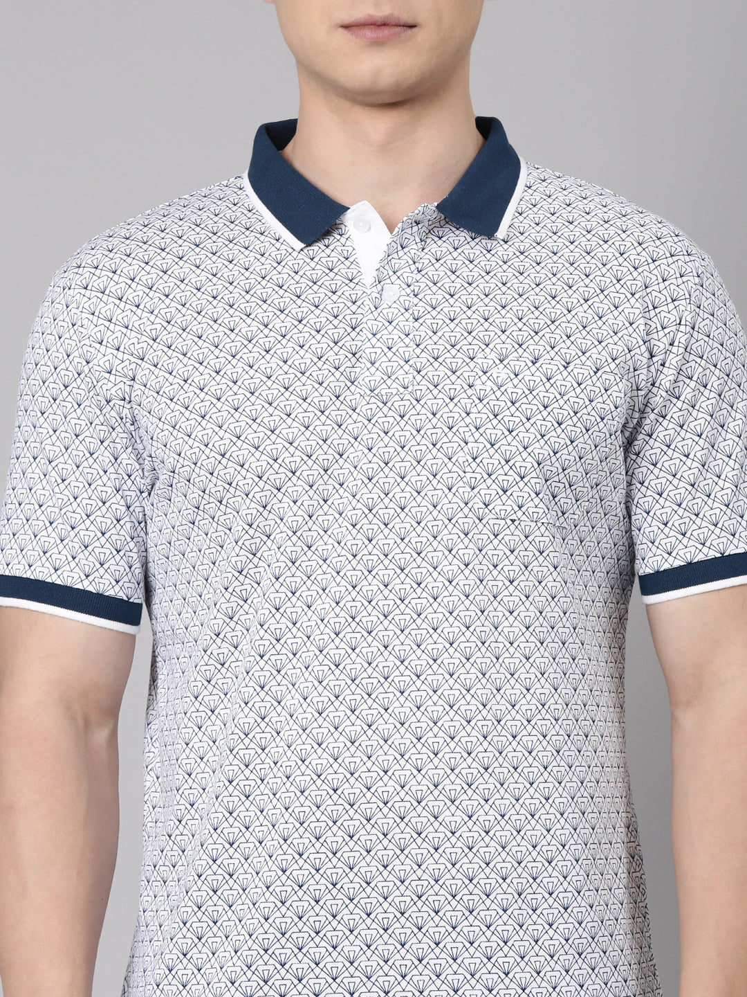 Classic Polo Men's Half Sleeve White/Navy Polo Neck Slim Fit All Over Print Cotton T-Shirt | BEAU - 291 A SF P