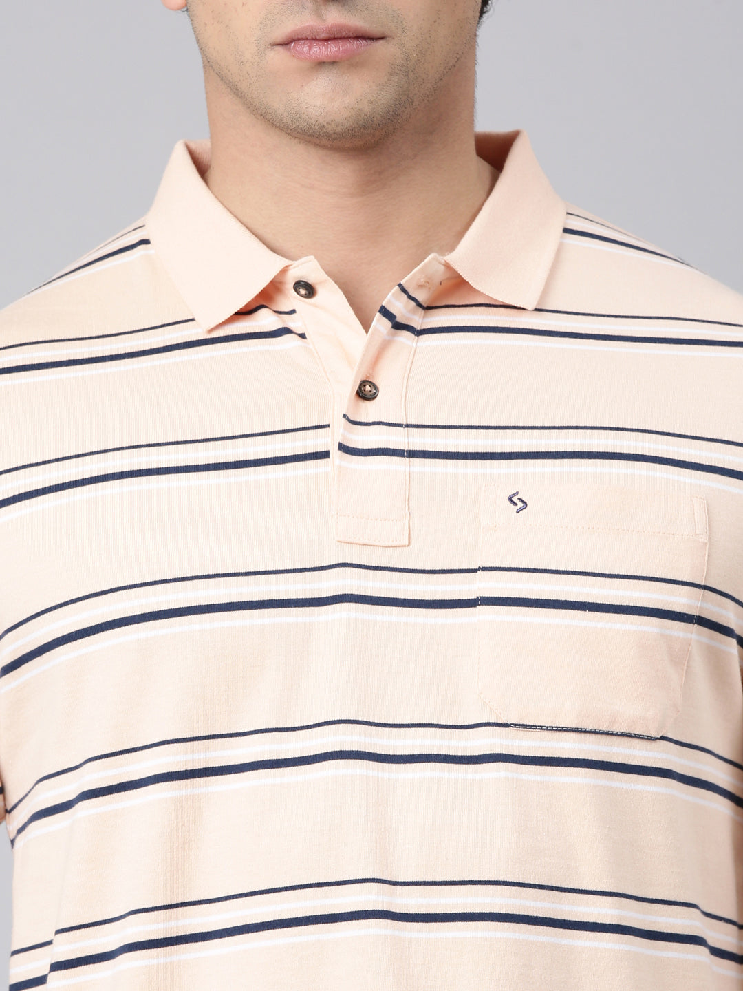 Classic Polo Men's Half Sleeve Peach/Navy Blue Polo Neck Authentic Fit Striped Cotton Blend T-Shirt | AVON - 644 A AF P