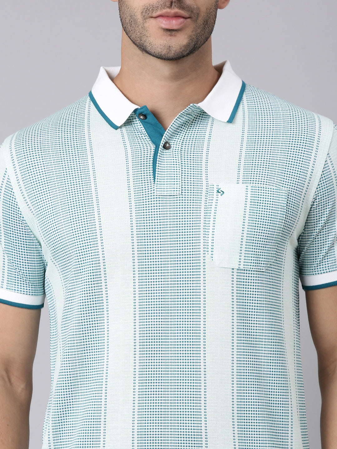 Classic Polo Men's Half Sleeve White/Teal Polo Neck Slim Fit All-Over Print Cotton T-Shirt | BEAU - 302 A SF P
