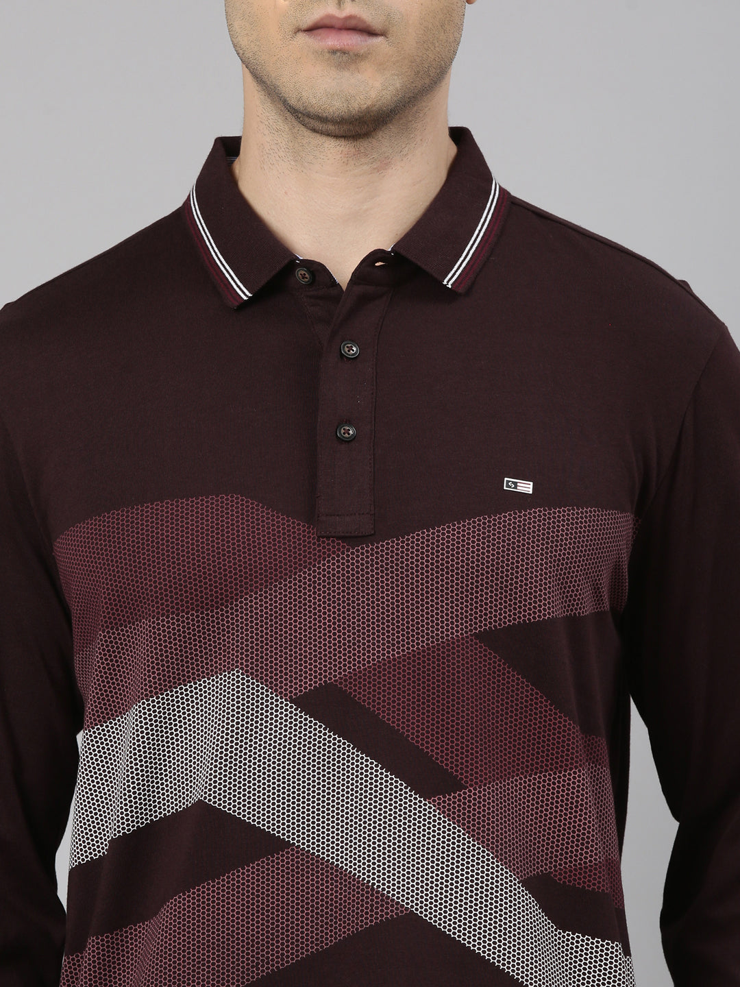 Classic Polo Men's Full Sleeve Burgundy Polo Neck Slim Fit Printed Cotton T-Shirt | VERNO - 369 B SF P