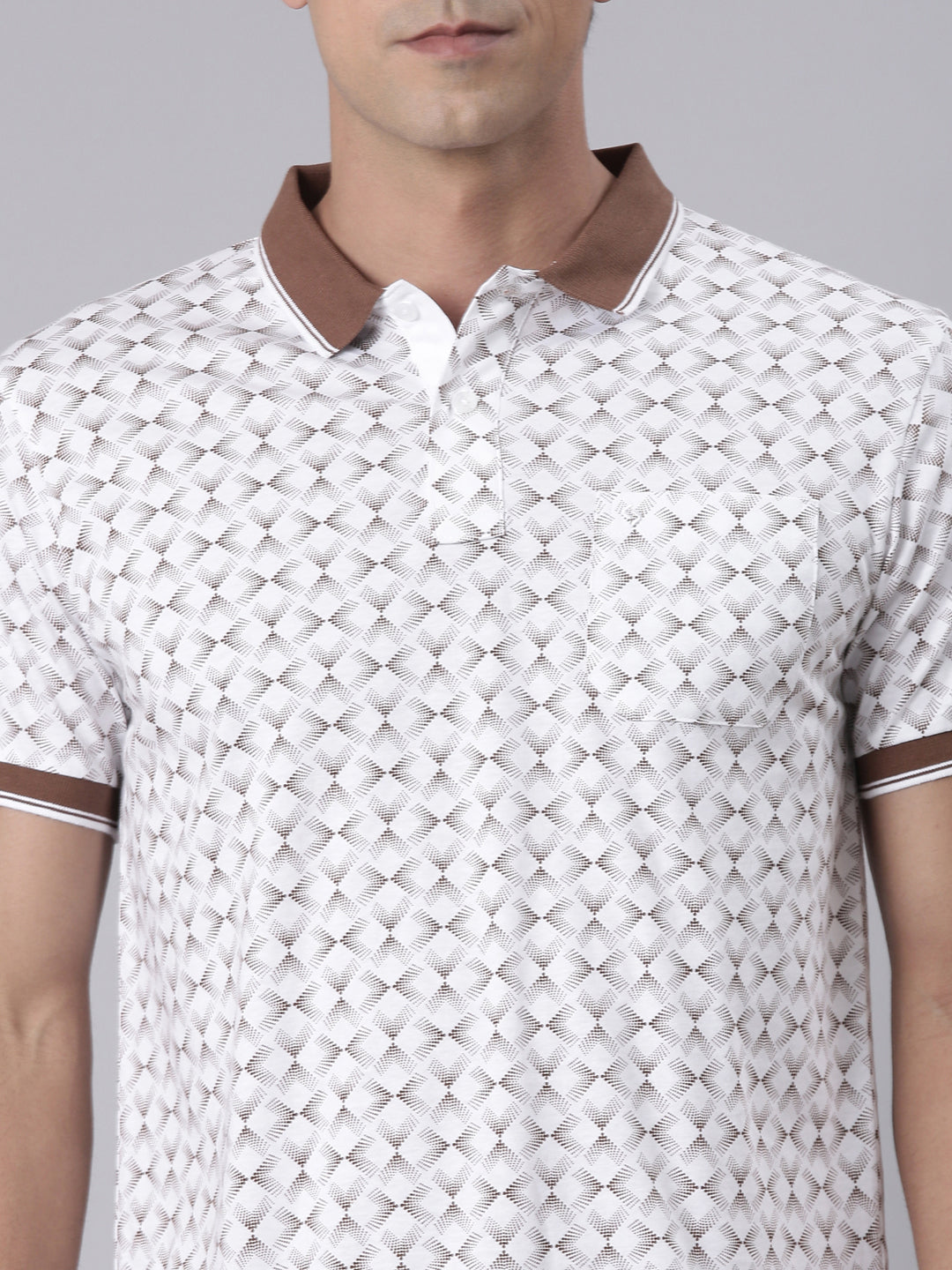 Classic Polo Men's Half Sleeve White/Brown Polo Neck Slim Fit All Over Print Cotton T-Shirt | BELLO - 351 A SF P