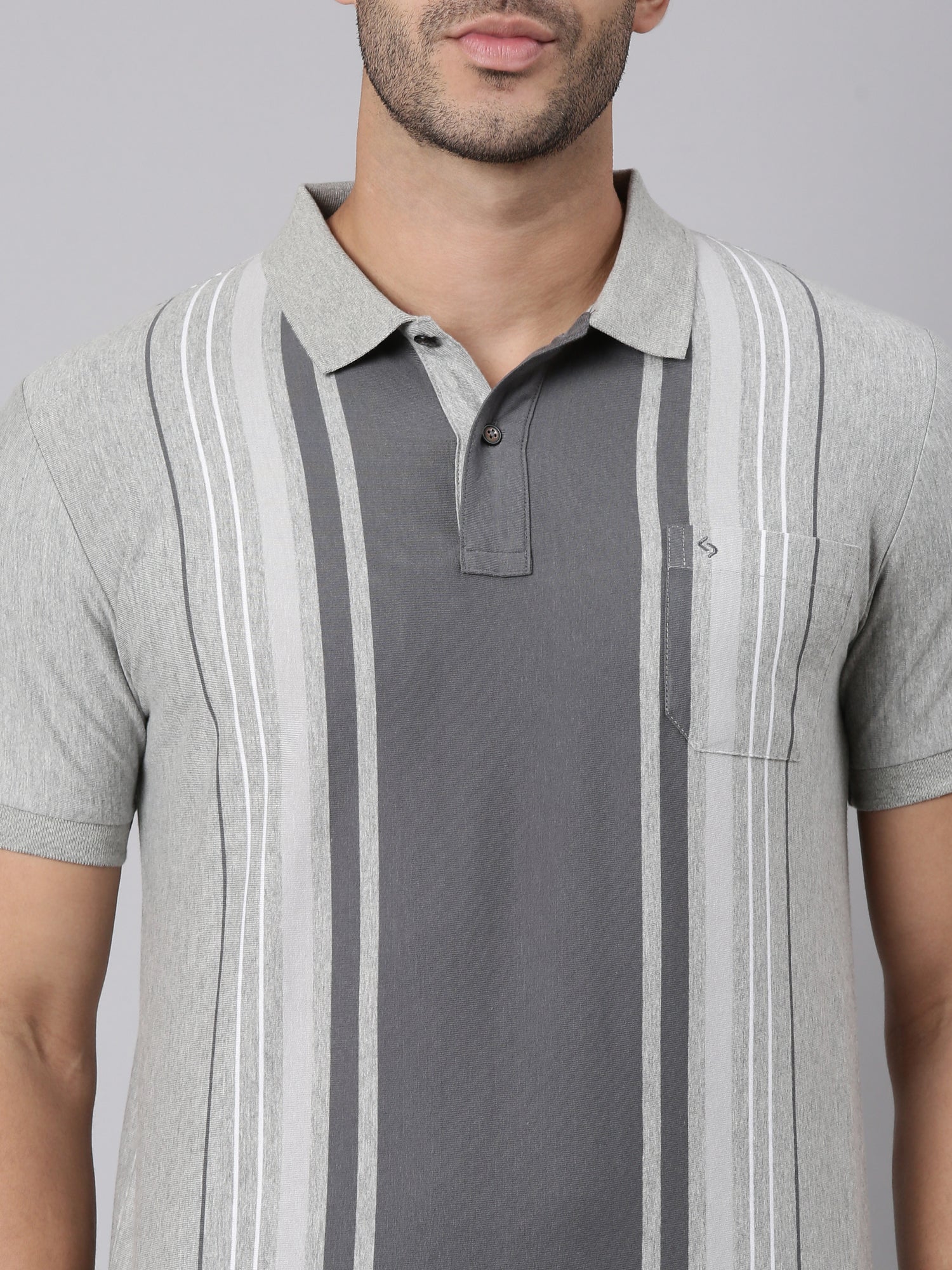 Classic Polo Men's Half Sleeve Grey Polo Neck Slim Fit Striped Cotton Blend T-Shirt | VERTICS - 124 A SF P