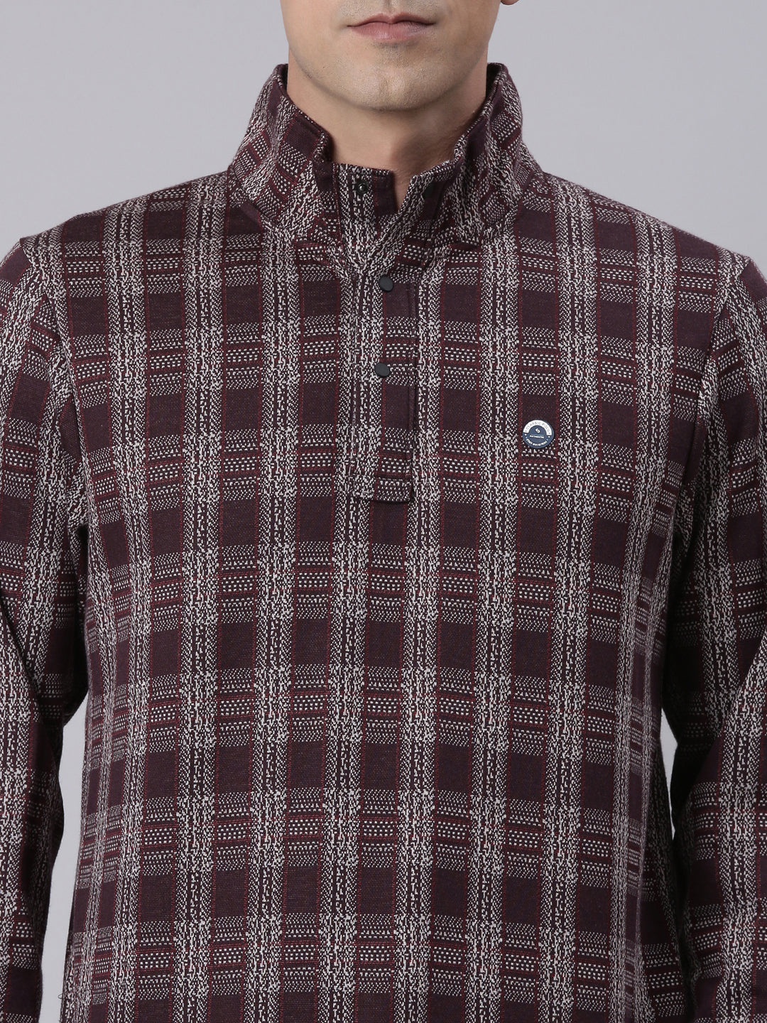 Classic Polo Men's Burgundy High Neck Button Checked  Sweatshirt | CPSS - 504 B