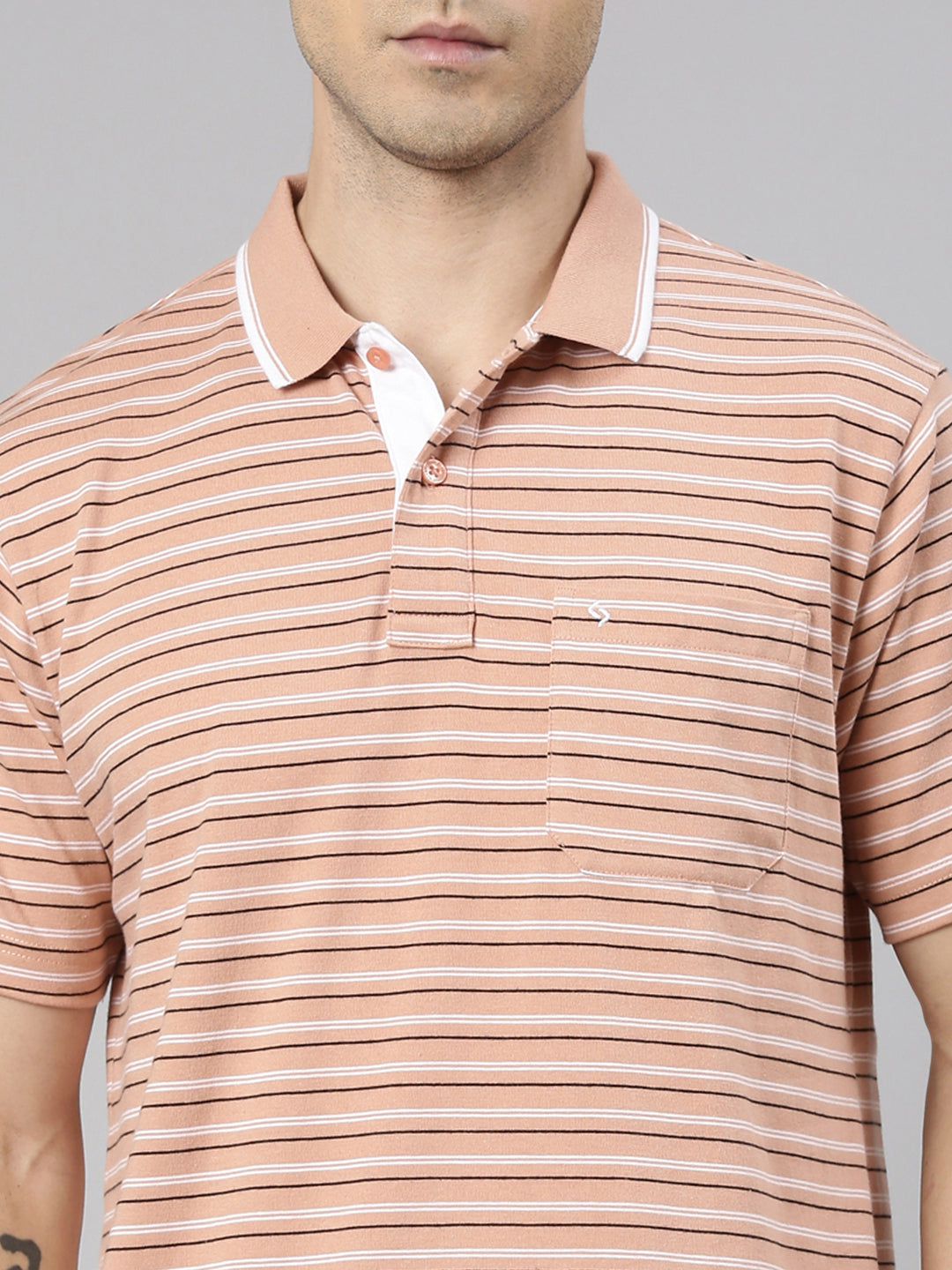 Classic Polo Men's Half Sleeve Orange/White Polo Neck Authentic Fit Striped Cotton T-Shirt | FEEDERS - 292 B AF P