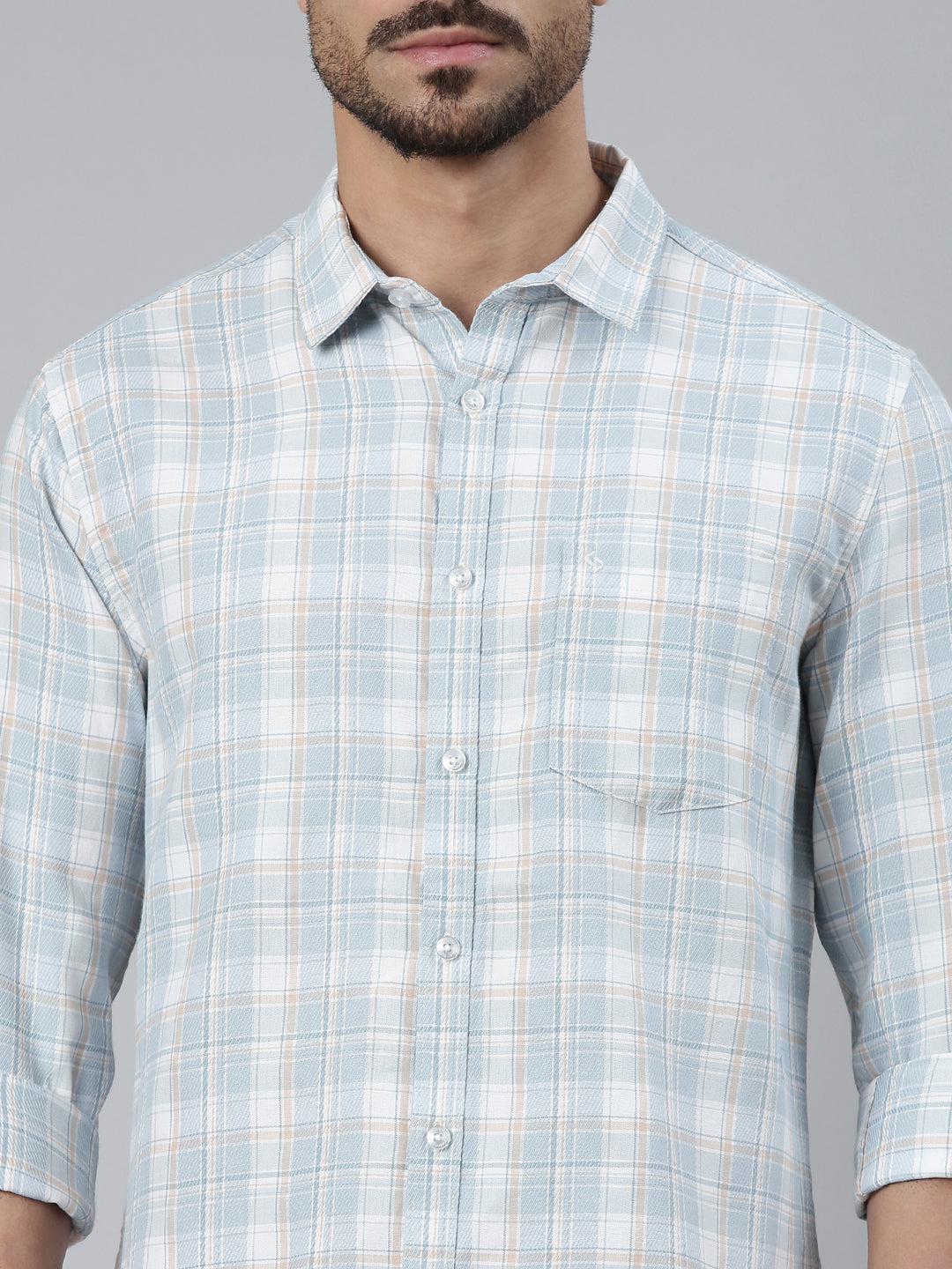 Classic Polo Men's Full Sleeve White/Light Blue Polo Neck Slim Fit Checked Cotton Casual Shirt | SQ2-CL-102 A-FS-CHK-SF