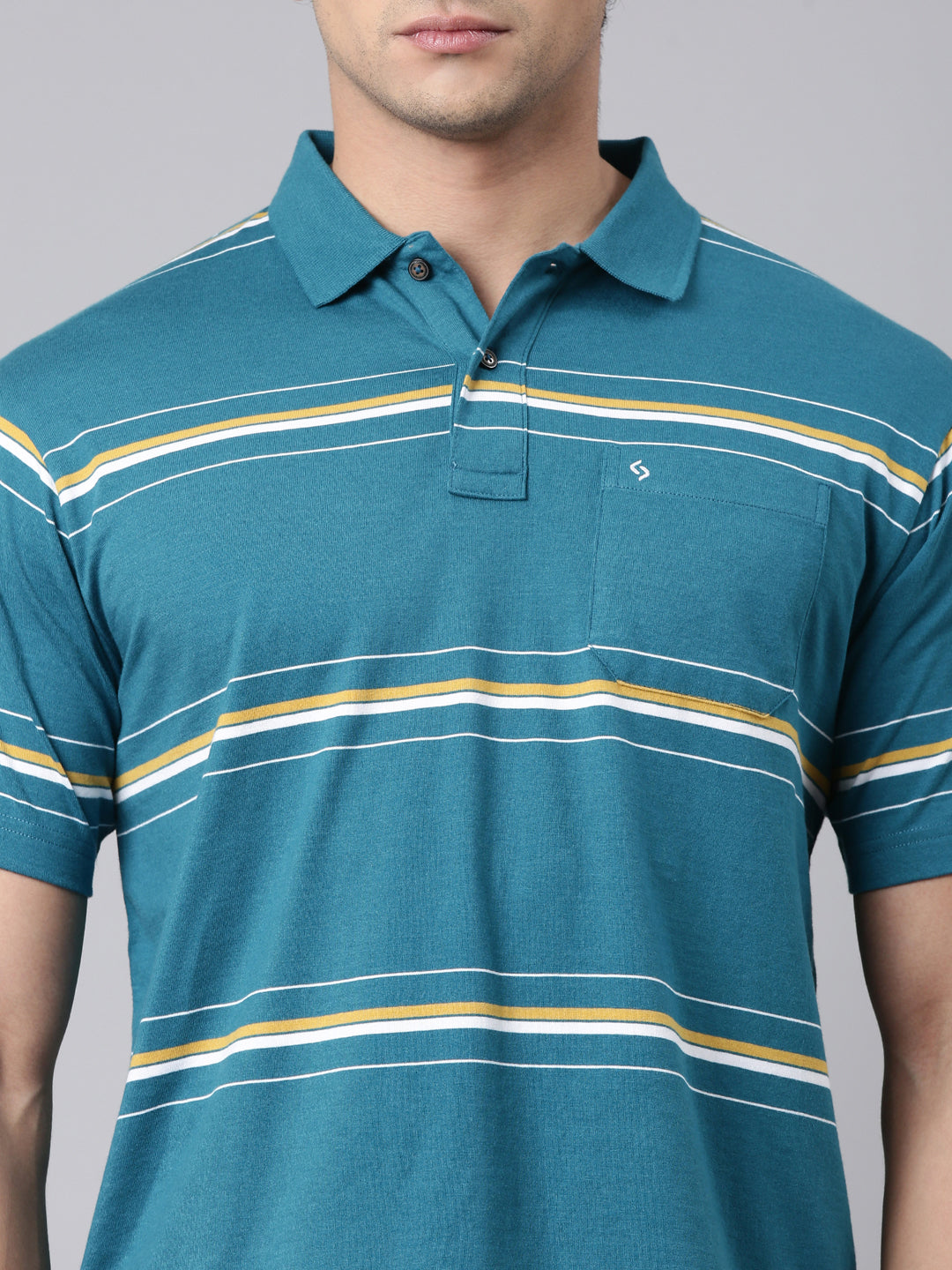 Classic Polo Men's Half Sleeve Teal Blue Polo Neck Authentic Fit Striped Cotton Blend T-Shirt | AVON - 663 A AF P