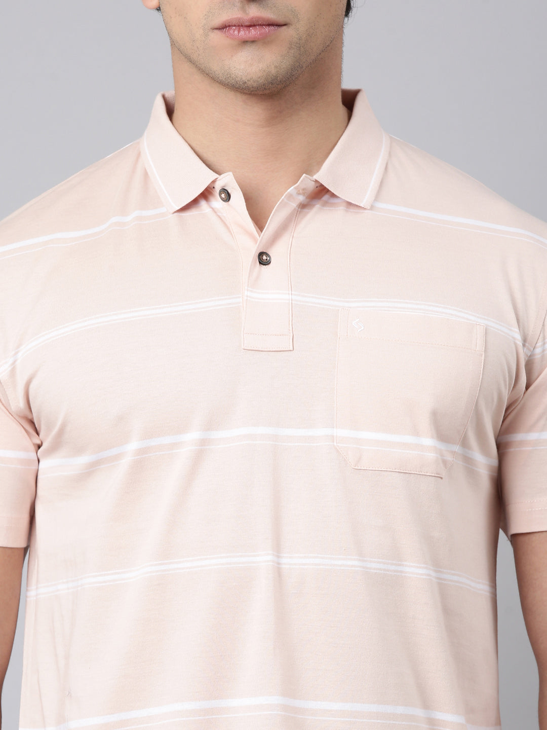 Classic Polo Men's Half Sleeve Light Peach Polo Neck Authentic Fit Striped Cotton T-Shirt | AP - 156 B AF P