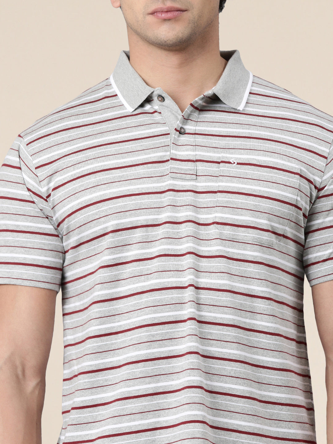 Classic Polo Men's Half Sleeve Grey/Maroon Polo Neck Authentic Fit Striped Cotton Blend T-Shirt | FEEDERS - 308 A AF P