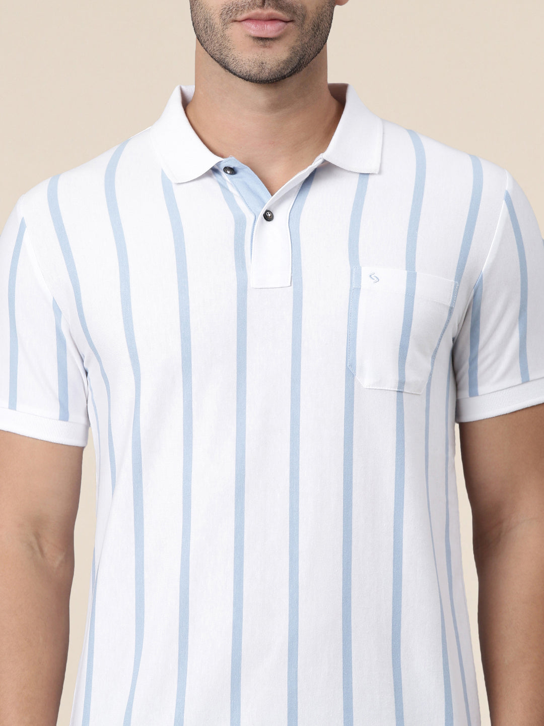 Classic Polo Men's Half Sleeve White/Light Blue Polo Neck Slim Fit Striped Cotton Blend T-Shirt | VERTICS - 121 A SF P