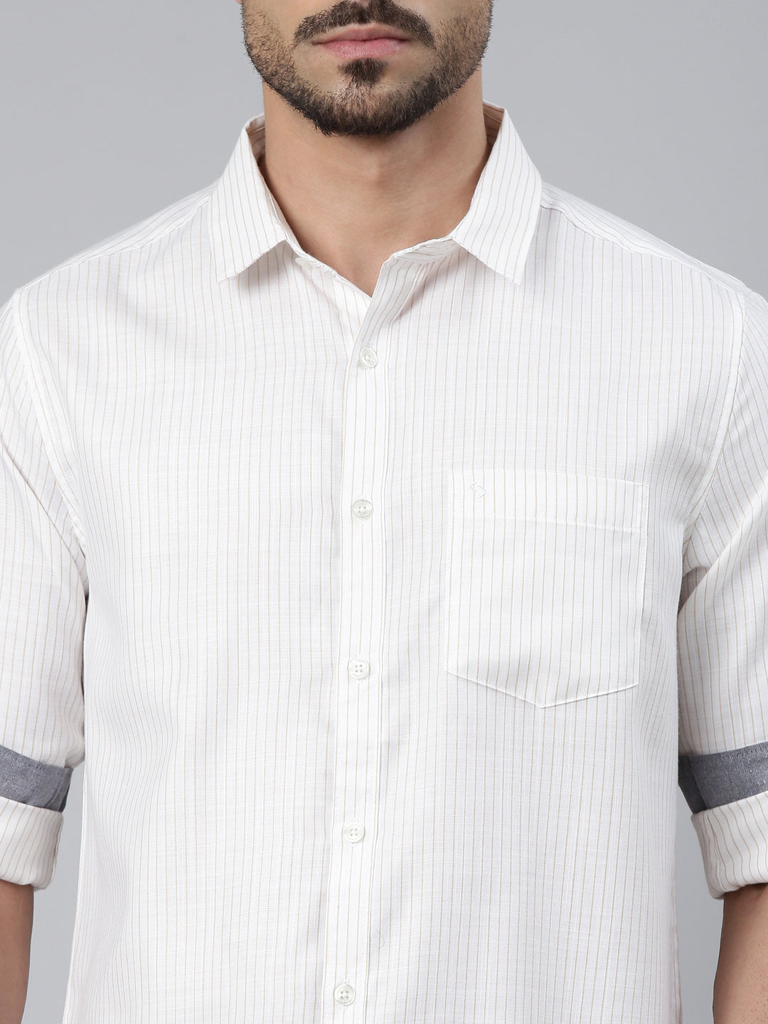 Classic Polo Men's Full Sleeve White/Grey Polo Neck Slim Fit Striped Cotton Casual Shirt | SQ2-CL-31 C-FS-STR-SF