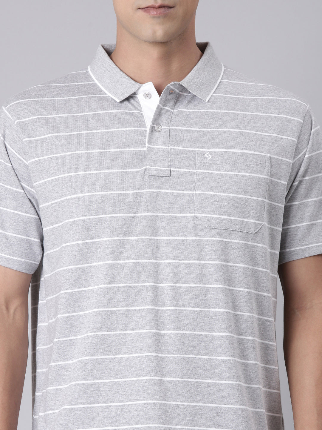 Classic Polo Men's Half Sleeve Grey/White Polo Neck Authentic Fit Striped Cotton T-Shirt | MEL - 271 B AF P