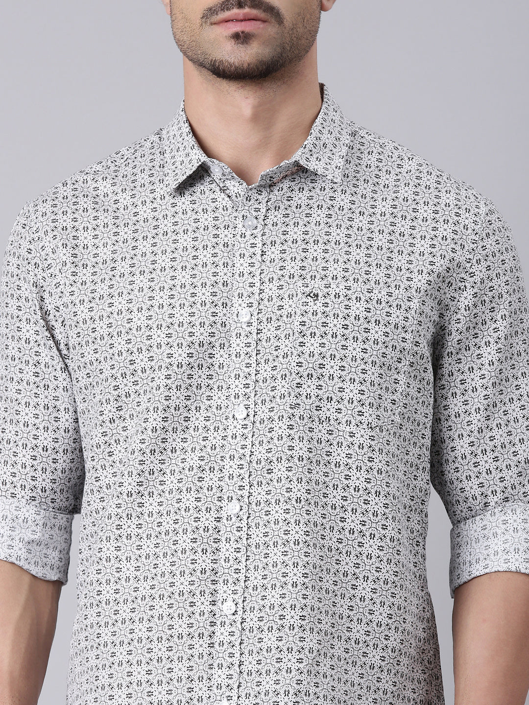 Classic Polo Men's White Polo Neck Printed Cotton Slim Fit Woven Shirt | SQ2-CL-82 A-FS-PRT-SF