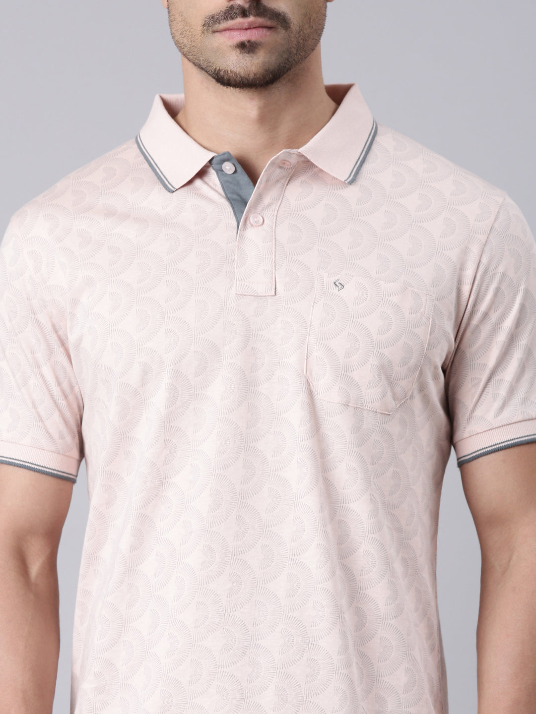 Classic Polo Men's Half Sleeve Lt.Peach Polo Neck Slim Fit All Over Print Cotton T-Shirt | LTS-AOP - 103 A SF P