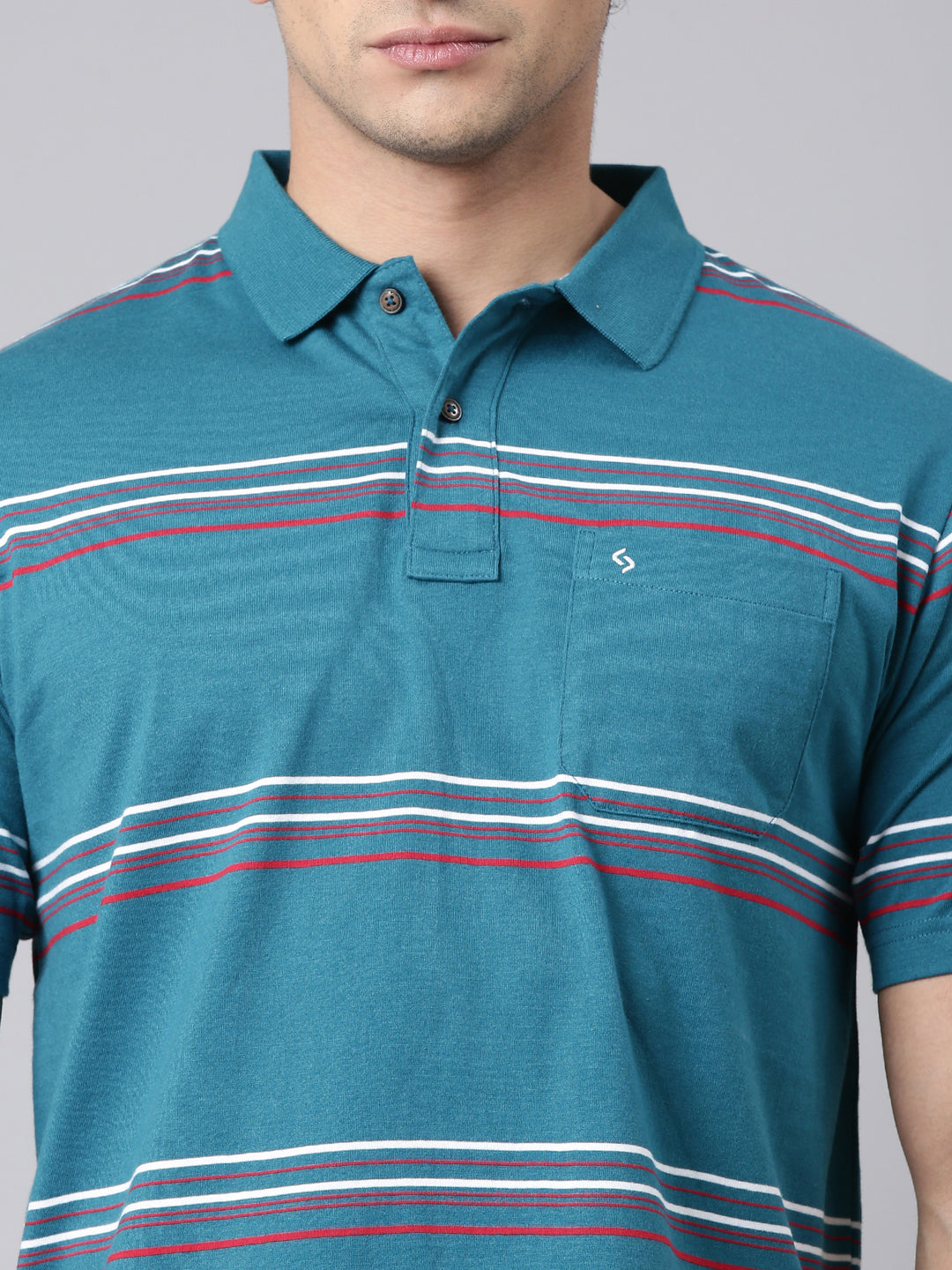 Classic Polo Men's Half Sleeve Teal Blue Polo Neck Authentic Fit Striped Cotton Blend T-Shirt | AVON - 650 B AF P